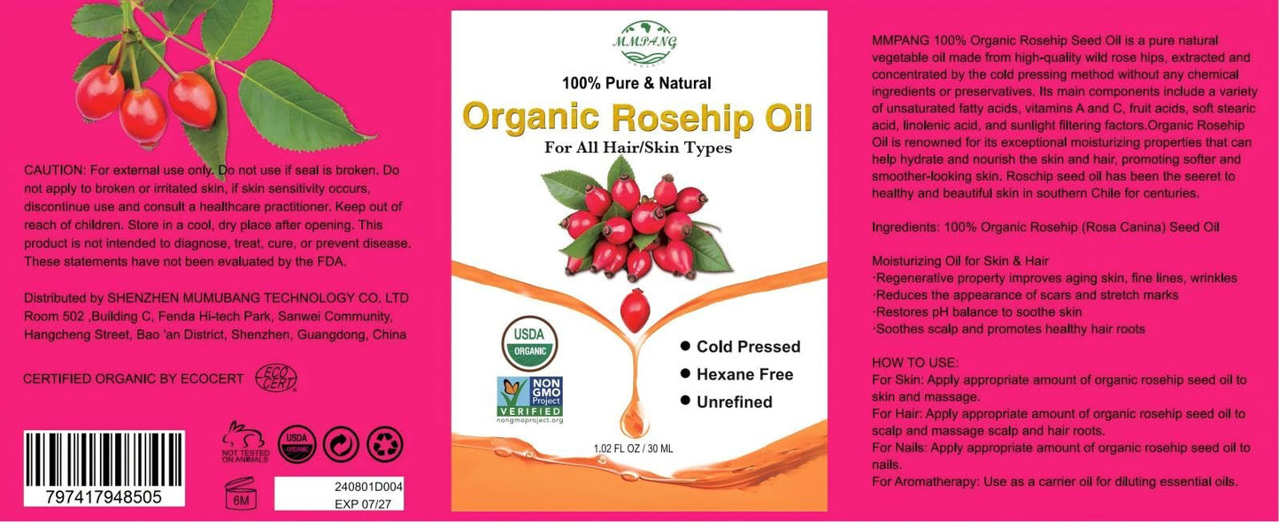 MMPANG Organic Rosehip Seed Oil for Face & Hair, USDA Certified, Cold-Pressed, 100% Pure, Anti-Aging, Acne Scar & Gua Sha Oil, 1oz
