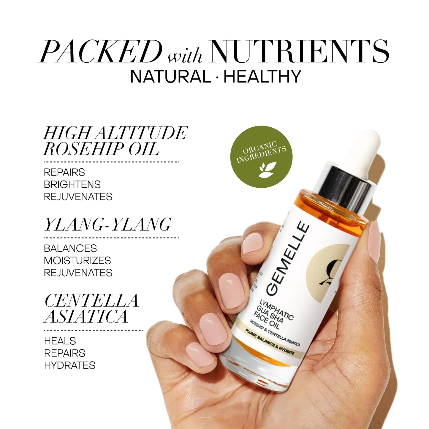 GEMELLE Lymphatic Gua Sha Face Oil – Detox, Hydrate & Plump with Rosehip, Centella & Natural Ingredients | Organic Clean Beauty 15ml