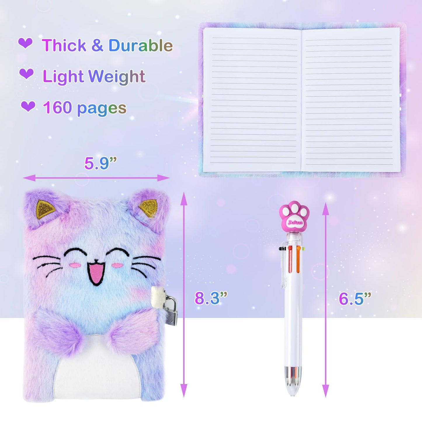 PJDRLLC Cat Diary with Lock for Girls 6-8 – Secret Journal Notebook with Coin Purse, Pen, Stickers & Post-its – Birthday Gift (A Happy Cat)
