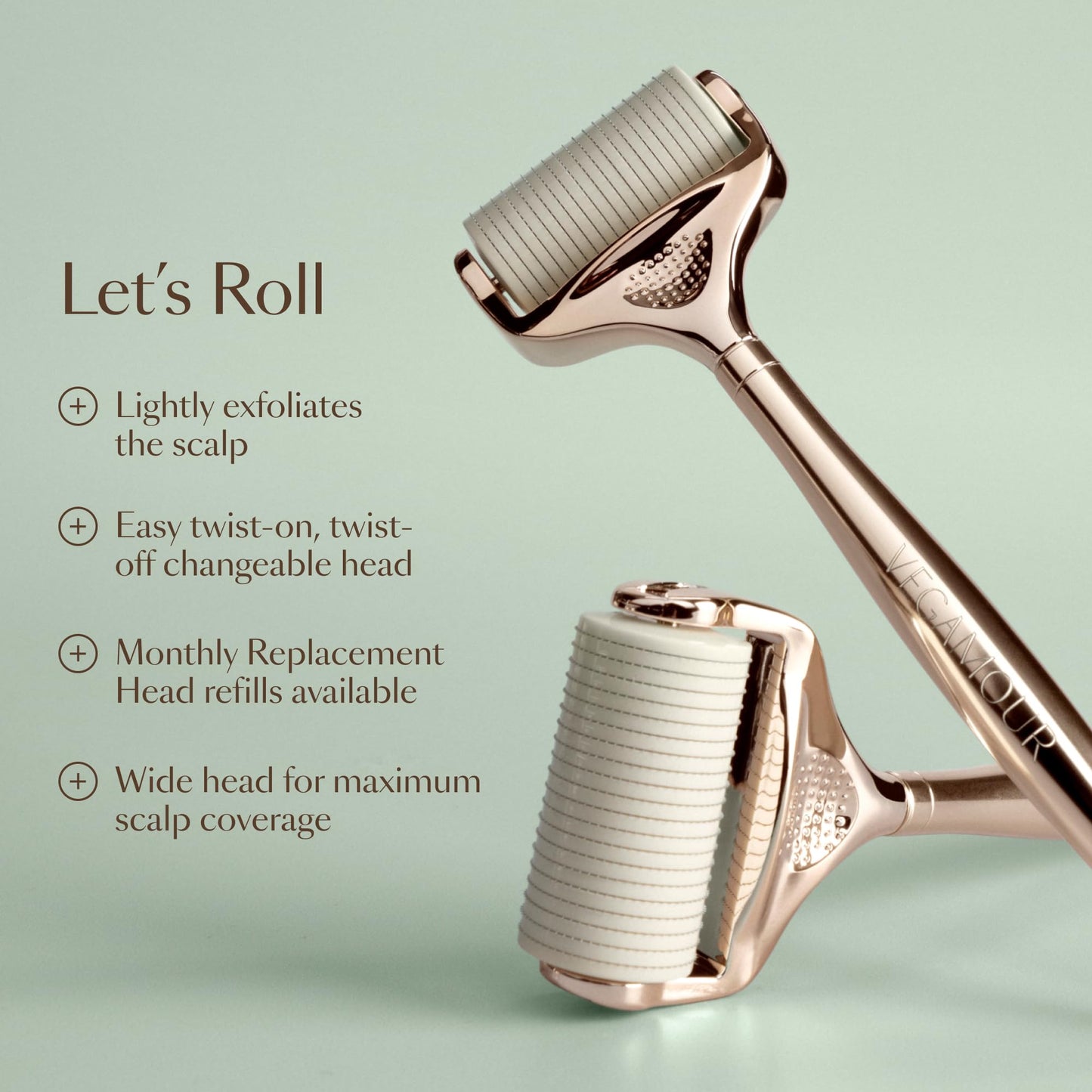 VEGAMOUR GRO+ Advanced Dermaroller | 1,200 Microneedle 0.25mm Scalp Tool | Gently Exfoliates the Scalp | Wide Head for Maximum Coverage