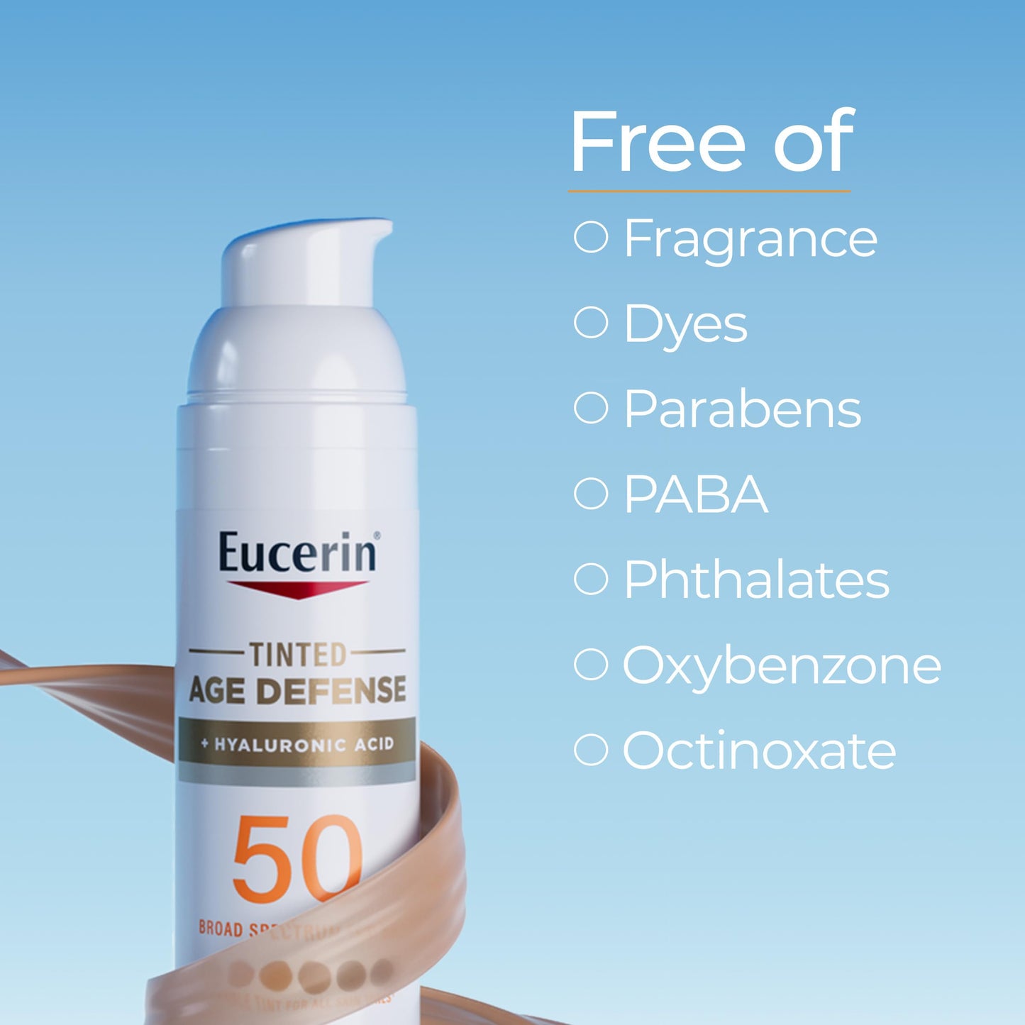 Eucerin Sun Tinted Age Defense Face Sunscreen SPF 50 with Hyaluronic Acid – Blendable Tint for All Skin Tones, Non-Comedogenic, 2.5 fl oz