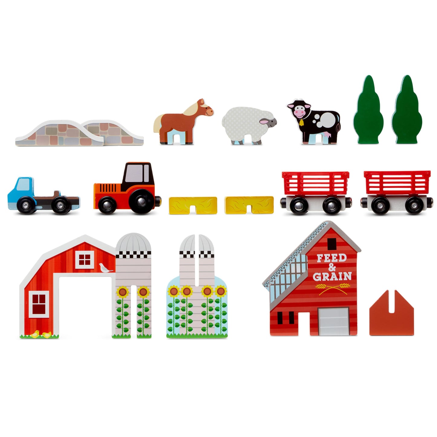 Melissa & Doug 17-Piece Wooden Take-Along Farm Set with Barn, Grain House, 4 Vehicles & Play Pieces – Pretend Play Toy for Toddlers 1+