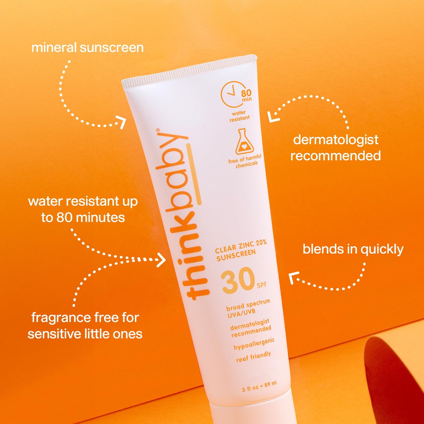 Thinkbaby Mineral Sunscreen SPF 30 – Clear Zinc Oxide, Baby Safe, Water Resistant, Reef Safe, Broad Spectrum UVA/UVB, 3 Fl Oz Travel Size