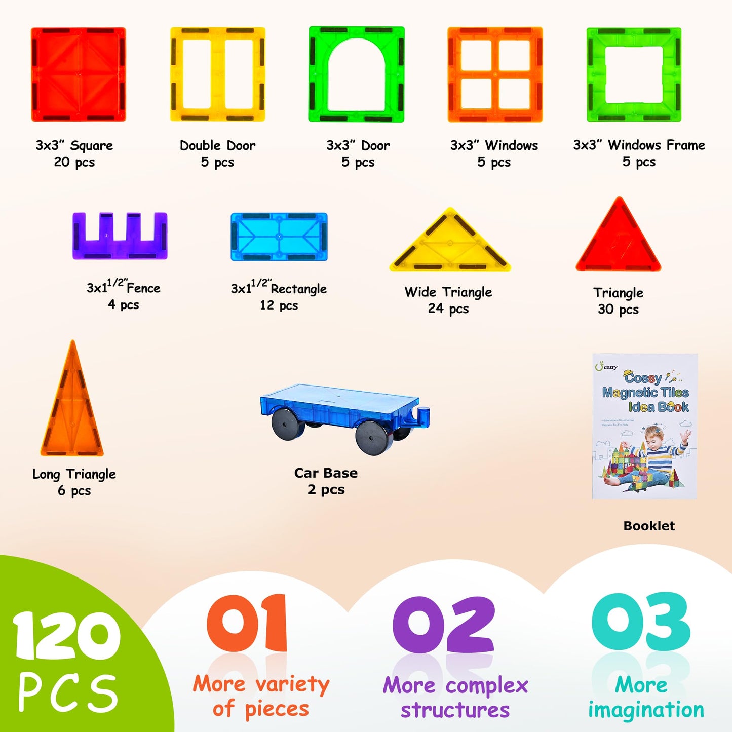 Cossy 120-Piece Magnetic Tiles Set – 3D Building Blocks for Kids 3+, Strong Magnets, Educational & Recreational Construction Toys