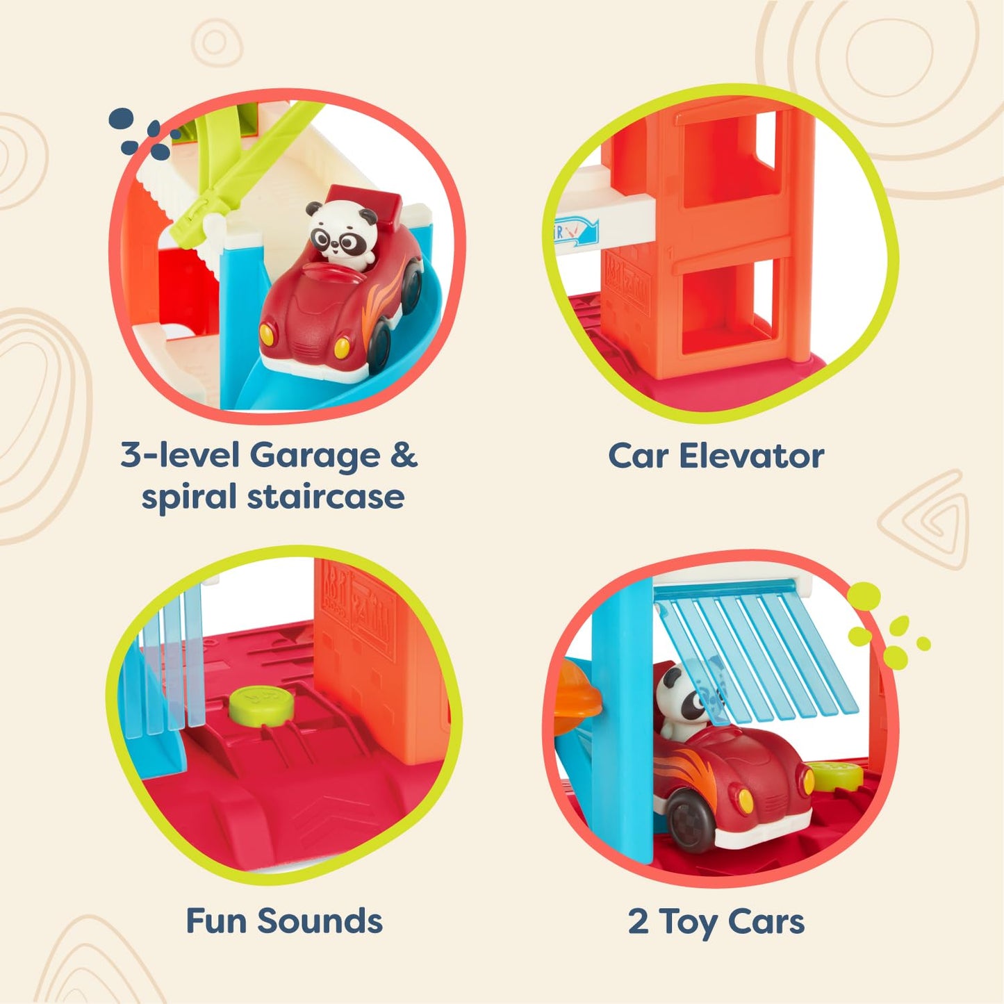 B. toys – Bingo’s Garage – Vehicle Playset Car Garage with Spiral Ramp – Working Elevator with 2 Toy Cars – 3 floor playset – 18+ Months