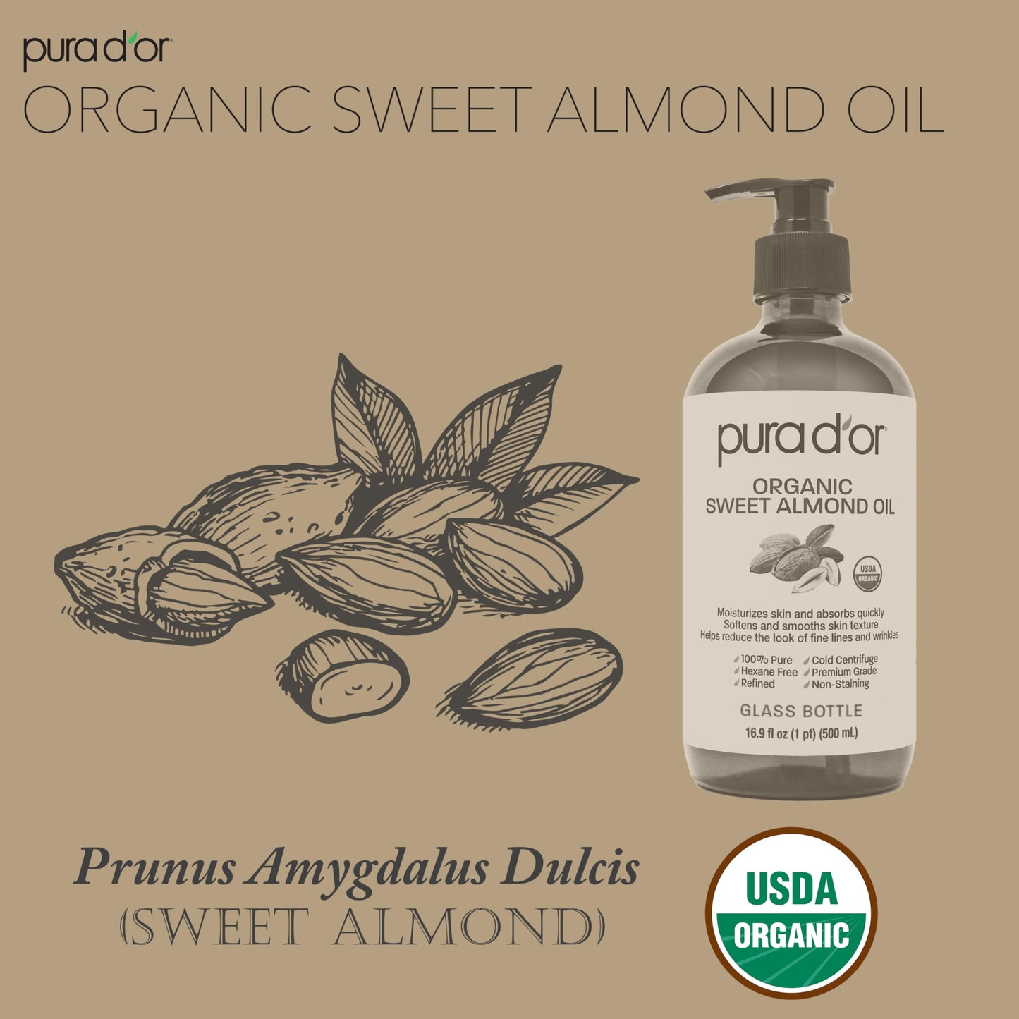 PURA D'OR 16.9oz Organic Sweet Almond Oil - 100% Pure Cold-Pressed Carrier Oil, Non-Greasy & Unscented, Hair & Skin Moisturizer, Glass Bottle