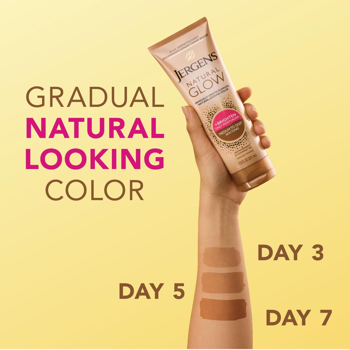 Jergens Natural Glow Self-Tanner Lotion – Sunless Tanning for Medium to Deep Skin, Daily Moisturizer with Coconut Oil, Vitamin E & Antioxidants, 7.5 oz