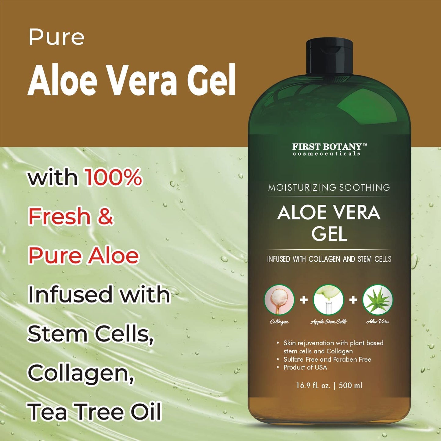 First Botany Pure Aloe Vera Gel 100% with Stem Cells, Collagen & Tea Tree Oil – Natural Moisturizer for Face, Body, Hair, Sunburn & Acne, 16.9 fl oz