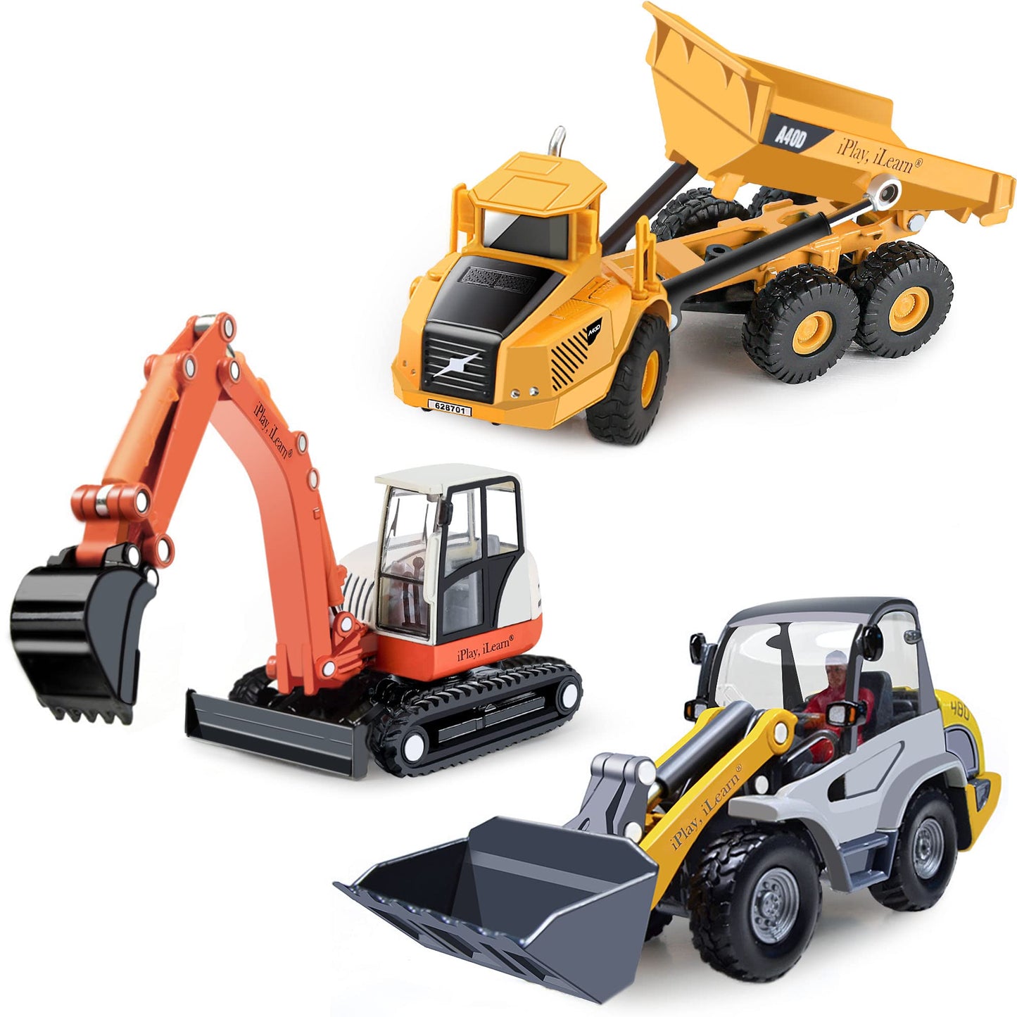 iPlay iLearn Heavy Duty Construction Playset with Metal Dump Truck, Excavator, Bulldozer & Tractor - Outdoor Sandbox Toy for Kids 3-5