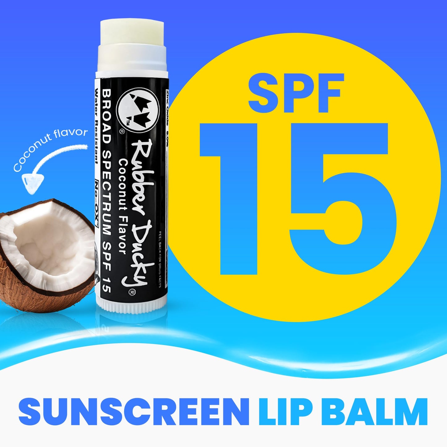 Rubber Ducky Lip Balm SPF 15 - Vegan, Water Resistant Lip Sunscreen with Vitamin E, Coconut Flavor, Broad Spectrum, 3 Pack (.15 oz)