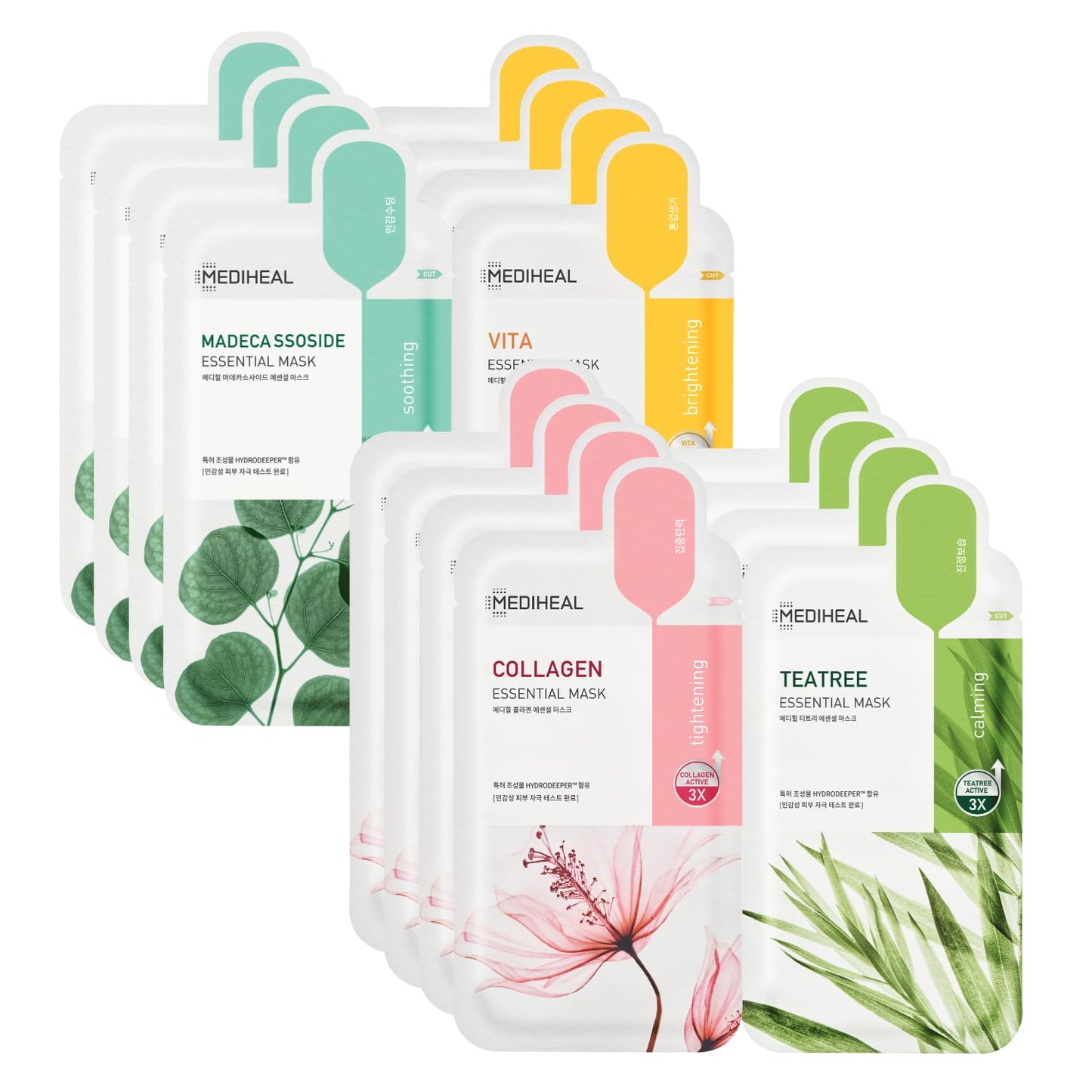 Mediheal Essential HERO Sheet Mask 16-Pack (Collagen, Tea Tree, Madecassoside, Vita) – Korean Skincare Facial Mask Combo