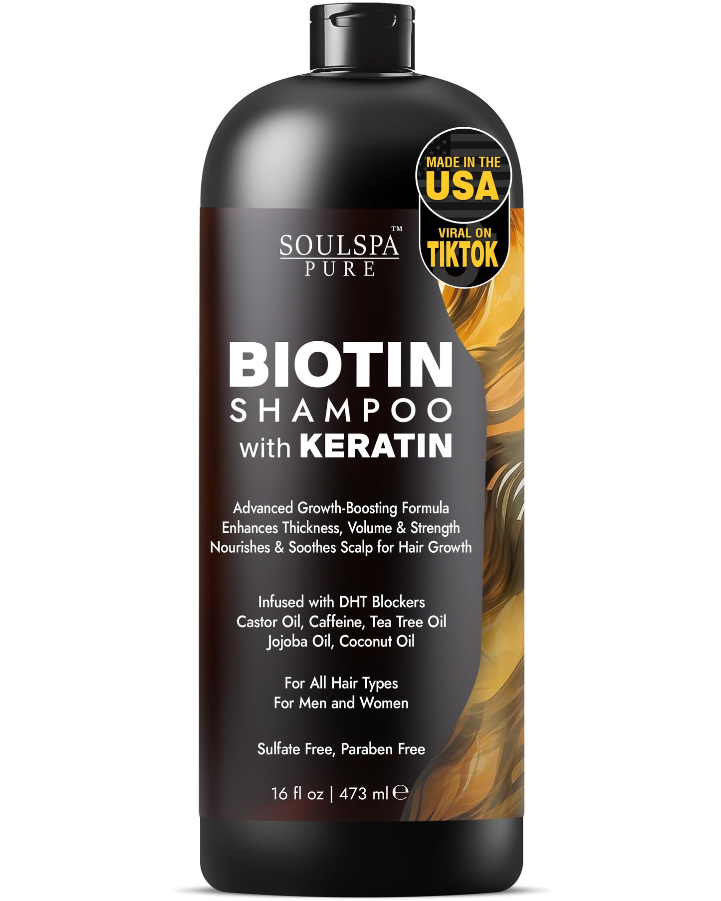 SOULSPA PURE Biotin & Keratin Shampoo โ Anti-Thinning Hair Growth & Repair Formula with Tea Tree Oil & DHT Blockers โ For Strong, Healthy Hair โ 16 fl oz