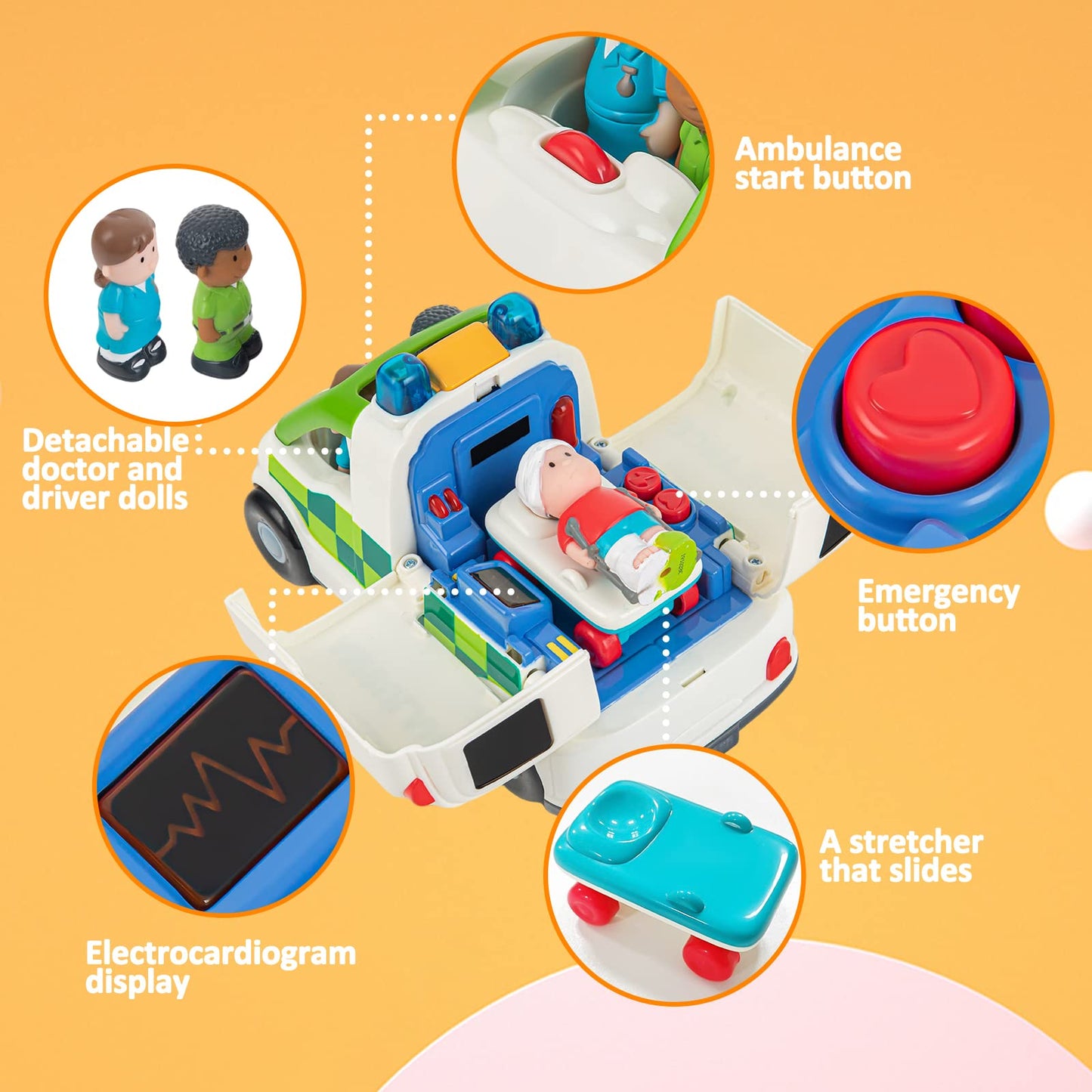 Auspint Friction-Powered Ambulance Toy with Lights & Sounds – Rescue Role Play Set for Toddlers, Boys 1-3, Birthday & Party Gift