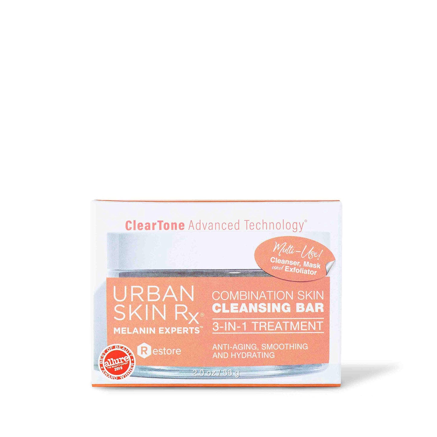 Urban Skin Rx 3-in-1 Cleansing Bar for Combination Skin – Daily Cleanser, Exfoliator & Mask, Hydrates & Reduces Dullness, Dark Marks, Fine Lines, 2 oz