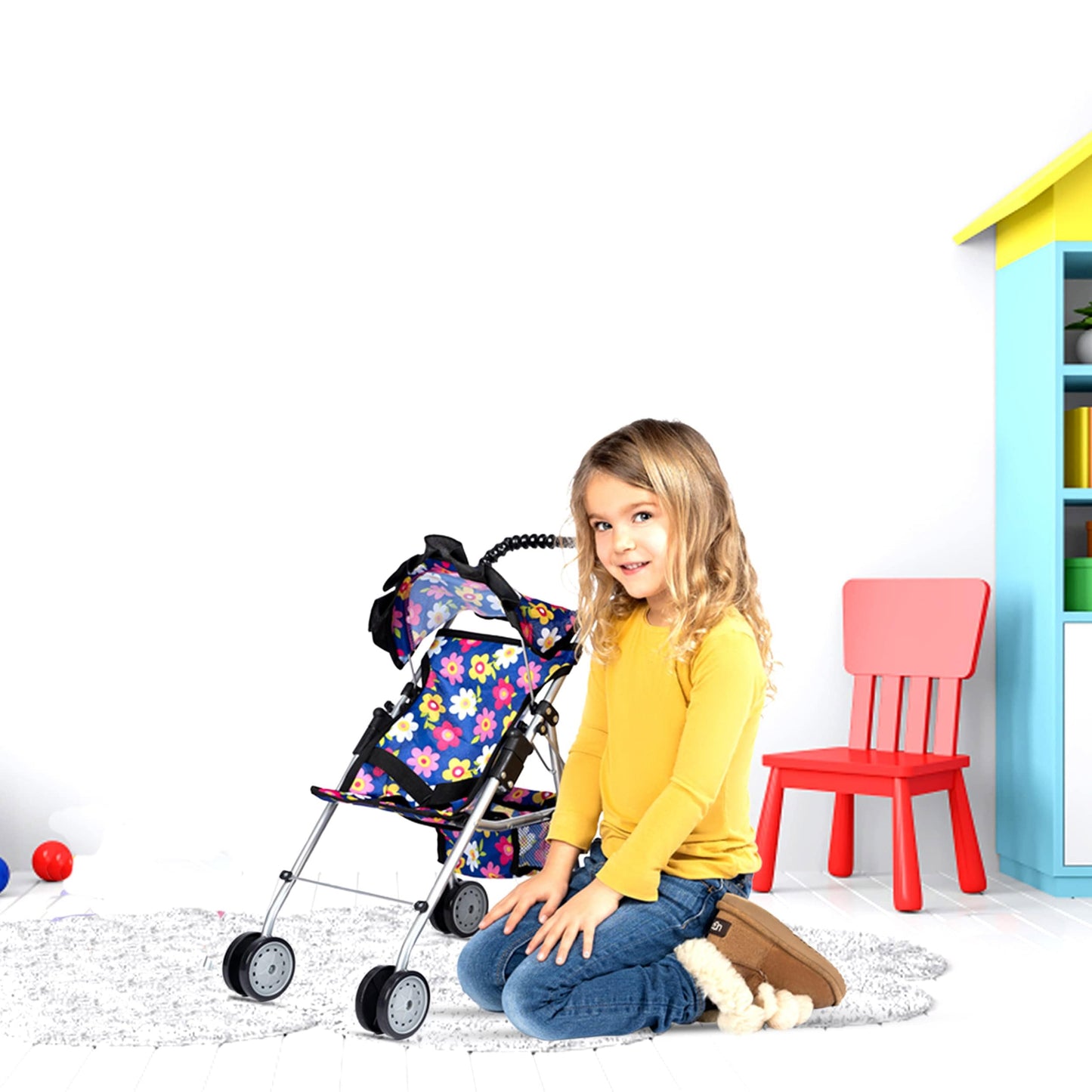 My First Doll Stroller – Foldable Kids Toy Stroller with Safety Belt, Storage Basket & Double Wheels, Fits Up to 18″ Dolls, Gift for Kids