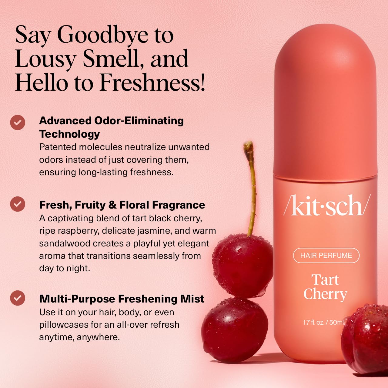 Kitsch Hair Perfume for Women – Tart Cherry | Deodorizing Hair & Body Mist with Odor-Eliminating Tech | Fruity Vanilla Scent, 50mL