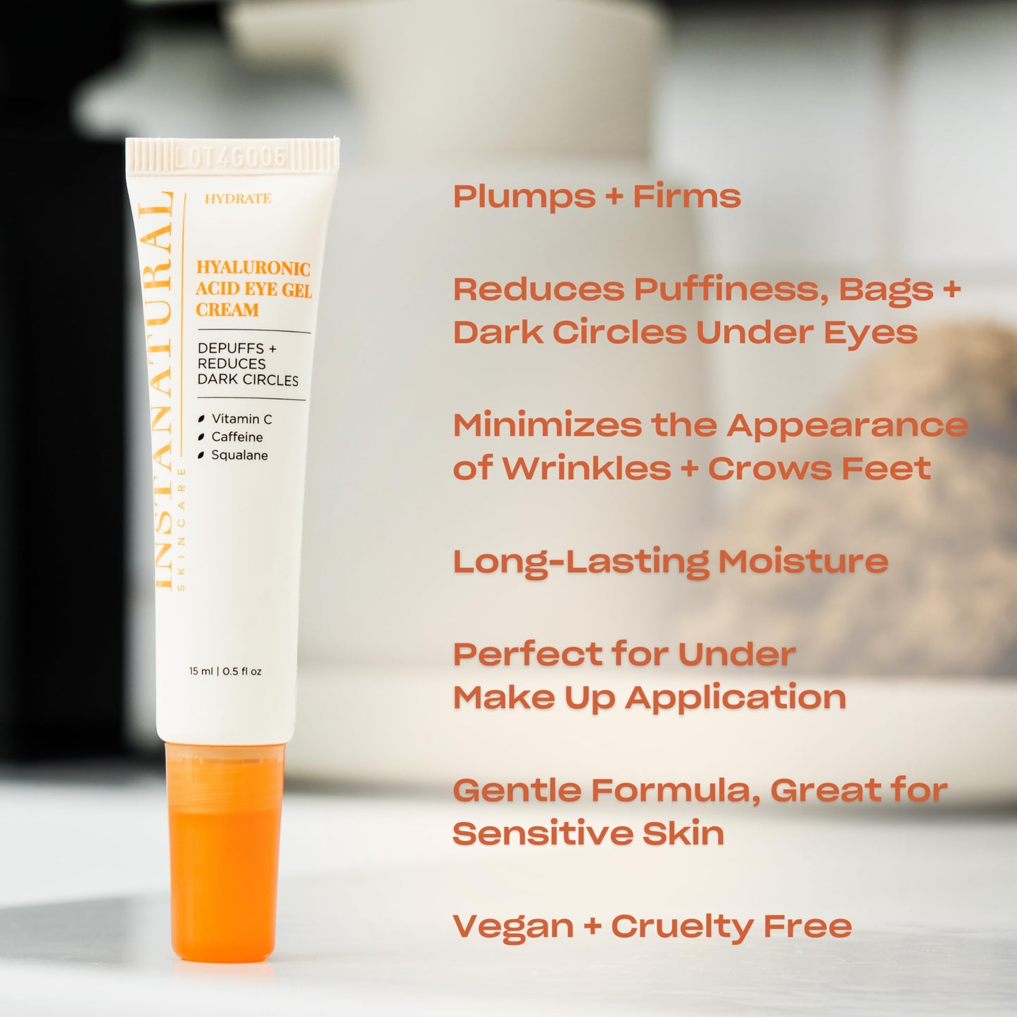 InstaNatural Hyaluronic Acid Eye Gel Cream - Hydrates, Reduces Puffiness, Dark Circles & Wrinkles with Vitamin C, Caffeine & Peptides, 0.5oz