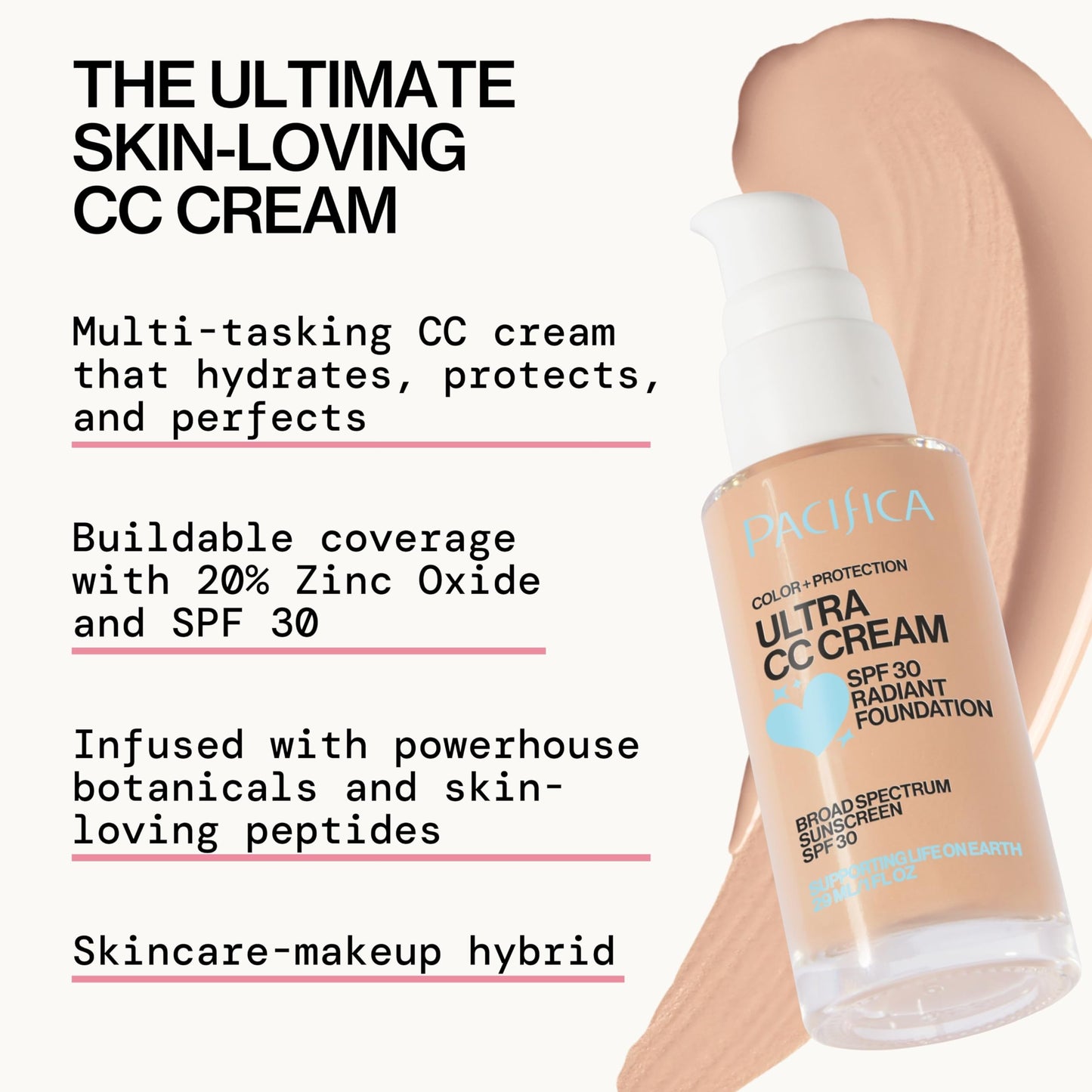 Pacifica Ultra CC Cream Radiant Foundation SPF 17 - Warm-Light – Medium Coverage Color Correcting Cream, Dewy Finish, Mineral SPF, 1 oz