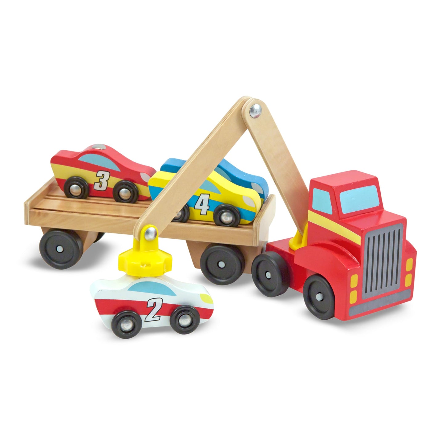 Melissa & Doug Magnetic Car Loader Wooden Toy Set with 4 Cars and 1 Semi-Trailer Truck Crane Wooden Toy, Vehicle Toys for Kids Ages 3+