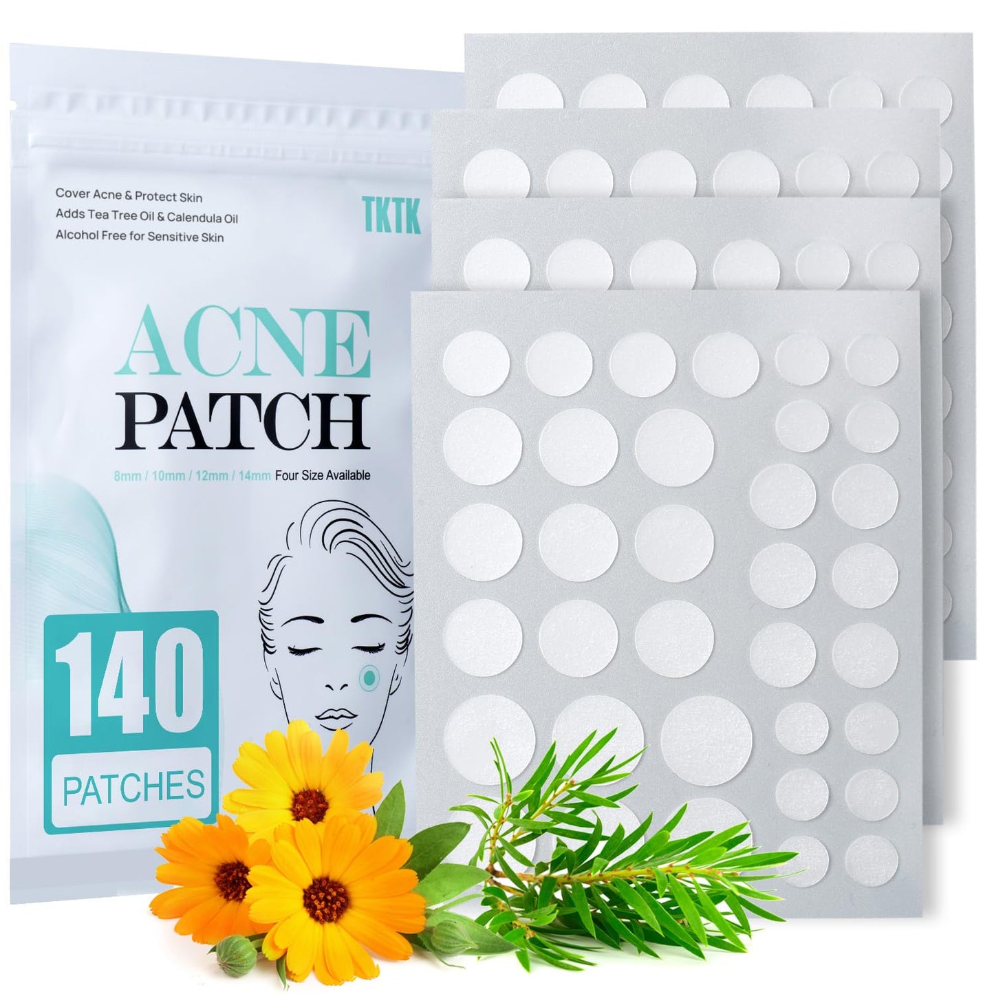 Pimple Patch Acne Cover, 4 Sizes 140 Hydrocolloid Invisible Patches with Tea Tree & Calendula Oil for Face Zits & Acne Spots