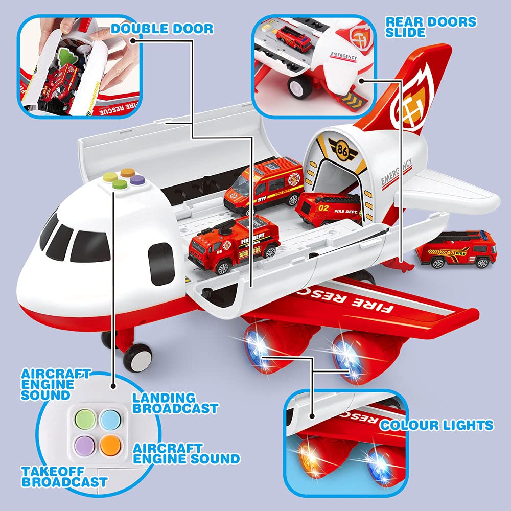 Dwi Dowellin Airplane Toy with Fire Truck Cars and Play Mat,Plane with Lights and Sounds for 3 + Years Old Boys and Girls