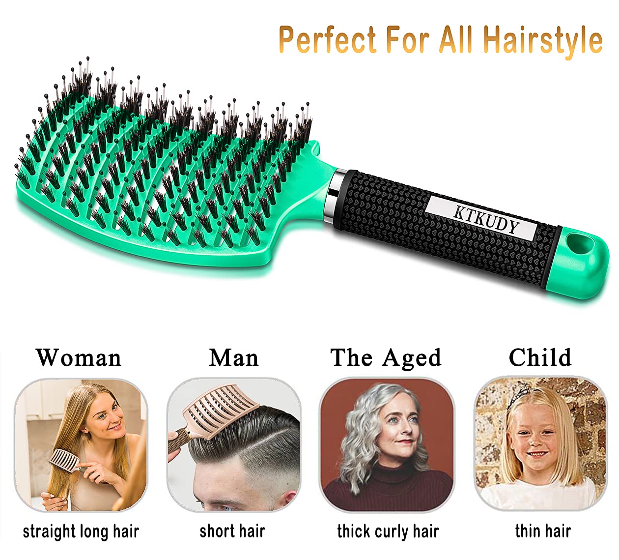 KTKUDY Detangling Brush with Boar Bristles – Curved & Vented Hairbrush for Wet or Dry Hair – Adds Shine & Reduces Frizz for Women, Men & Kids, Light Green