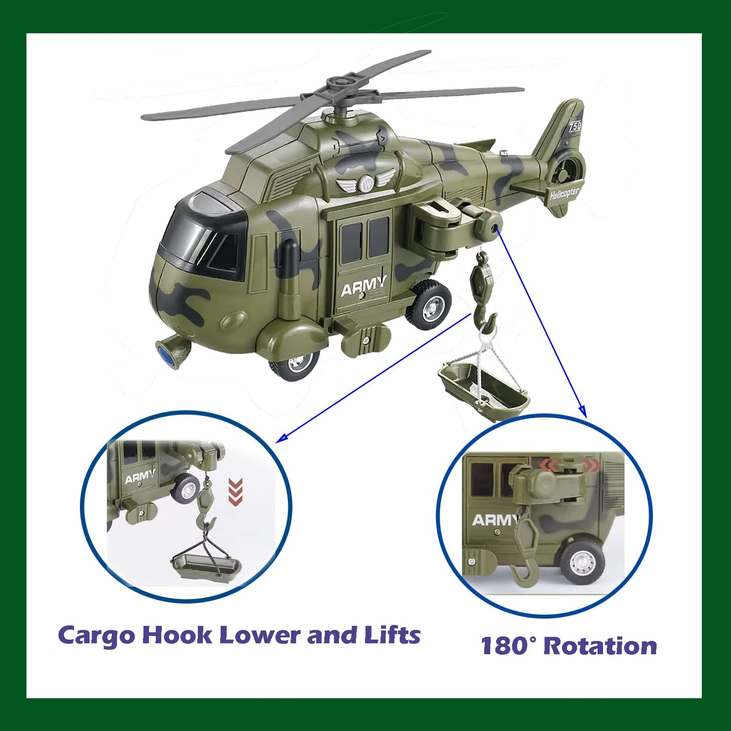 OCCAFY Military Helicopter Toy with Lights, Sound & Friction Power – Rescue Army Vehicle for Kids 3+, Toddler Boys Gift Toy