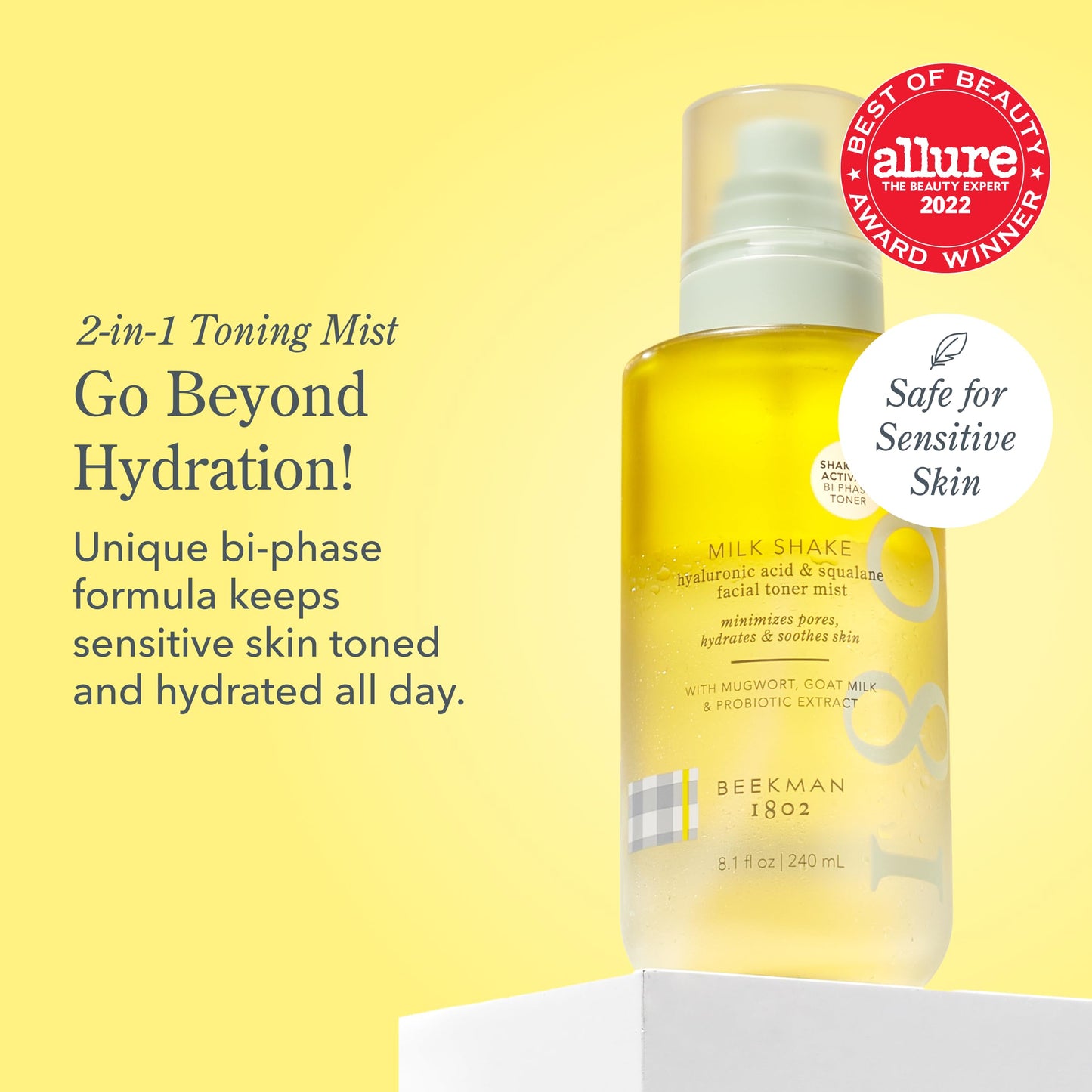 Beekman 1802 Milk Shake Hydrating Face Mist – Hyaluronic Acid & Squalane, Minimizes Pores, Moisturizes, Makeup Setting Spray, Fragrance-Free