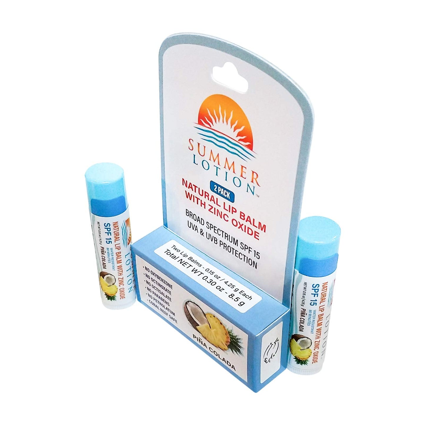 Summer Lotion Natural Lip Balm SPF 15 with Zinc Oxide, Water-Resistant Sunblock Chapstick, 2-Pack Pina Colada Flavor