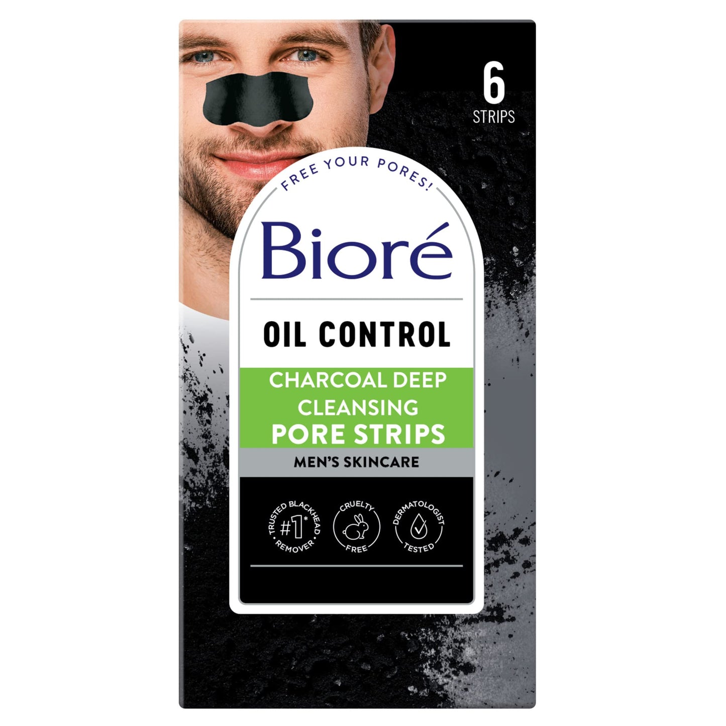 Bioré Charcoal Deep Cleansing Pore Strips for Men – Nose Blackhead Remover, C-Bond Technology, Instantly Unclogs Pores, 6 Count