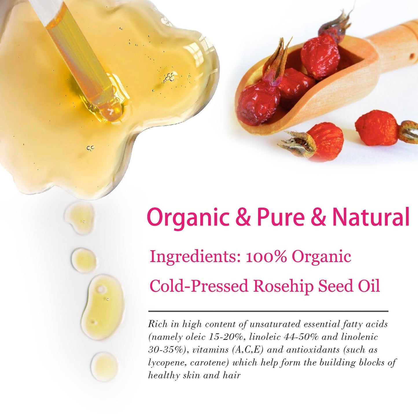 MMPANG Organic Rosehip Seed Oil for Face & Hair, USDA Certified, Cold-Pressed, 100% Pure, Anti-Aging, Acne Scar & Gua Sha Oil, 1oz