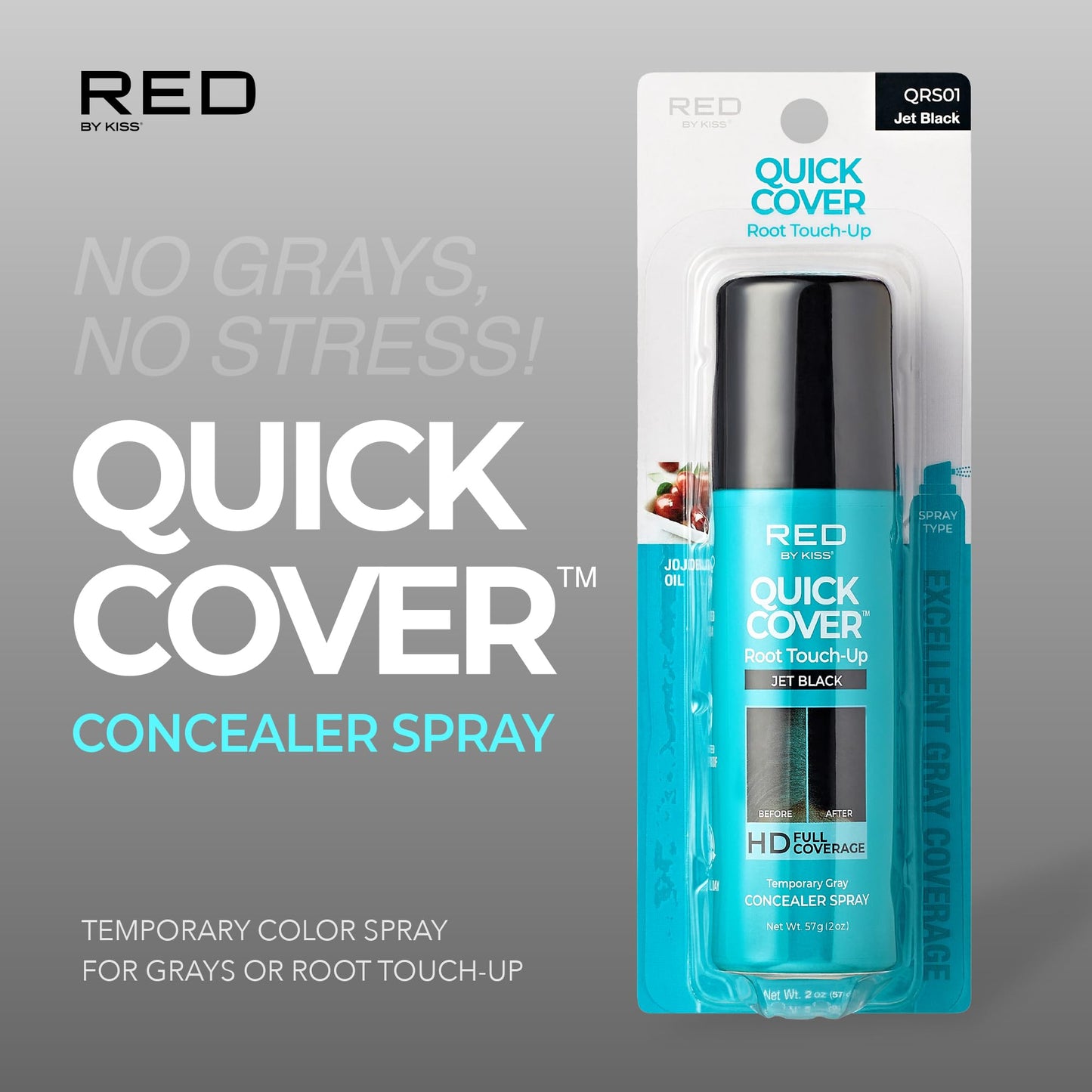 Red by Kiss Quick Cover Root Touch-Up Spray Jet Black 2oz | Waterproof, Smudge-Proof, Quick-Dry Gray Coverage with Jojoba Oil, Travel-Friendly