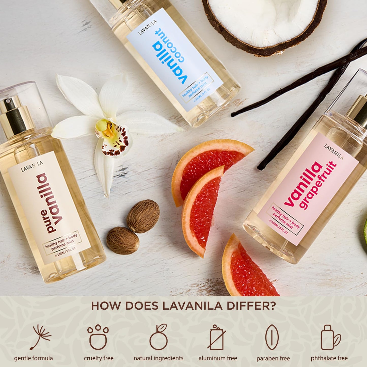 LAVANILA Vanilla Coconut Healthy Hair & Body Perfume Mist 5 Fl Oz | Sweet Tropical Scent with Jojoba Oil, Madagascar Vanilla & Tiare Flower