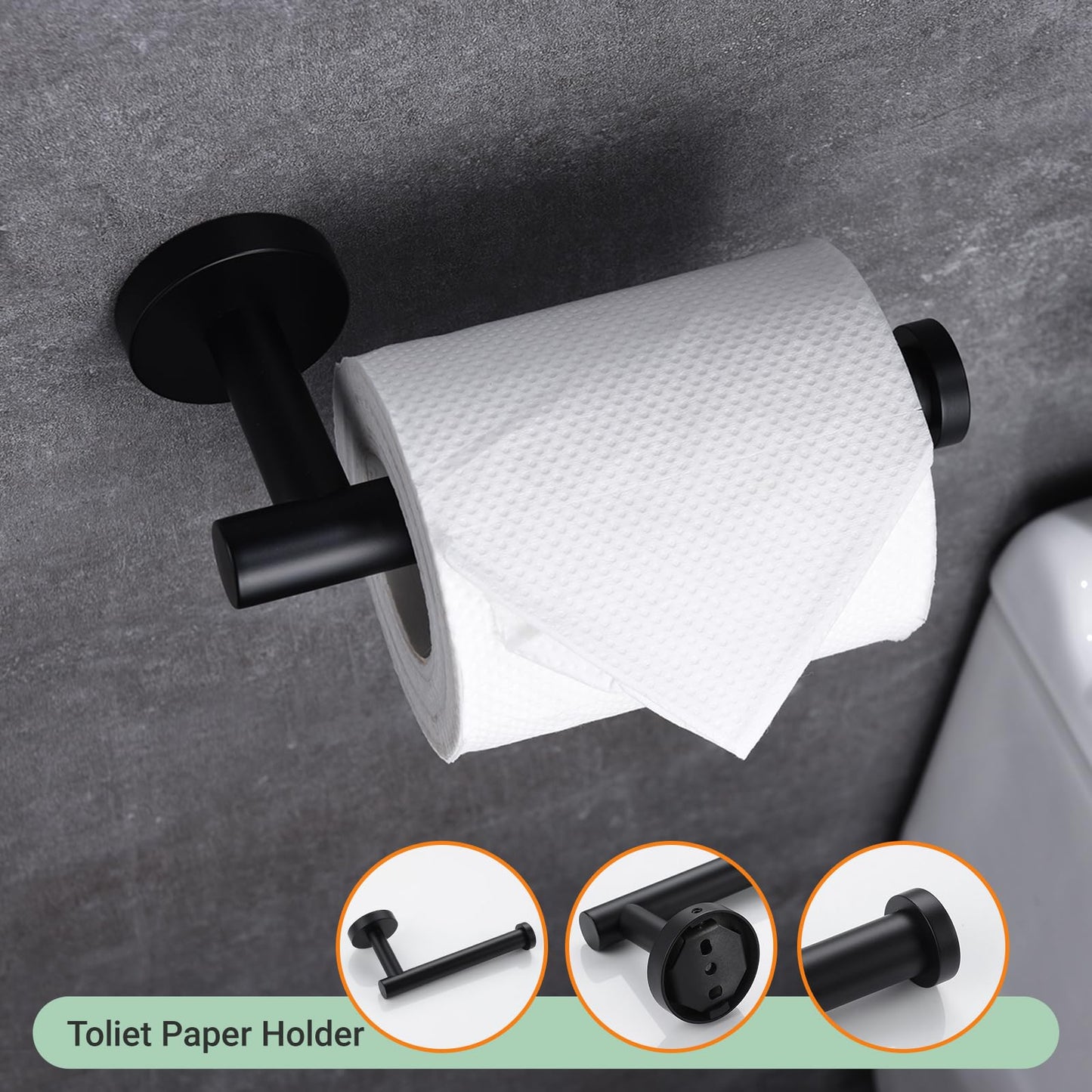 Hoooh Matte Black 4-Piece Bathroom Set, Stainless Steel Wall Mount with 24" Towel Bar, Toilet Paper Holder & 2 Robe Hooks, BS100S4B-BK