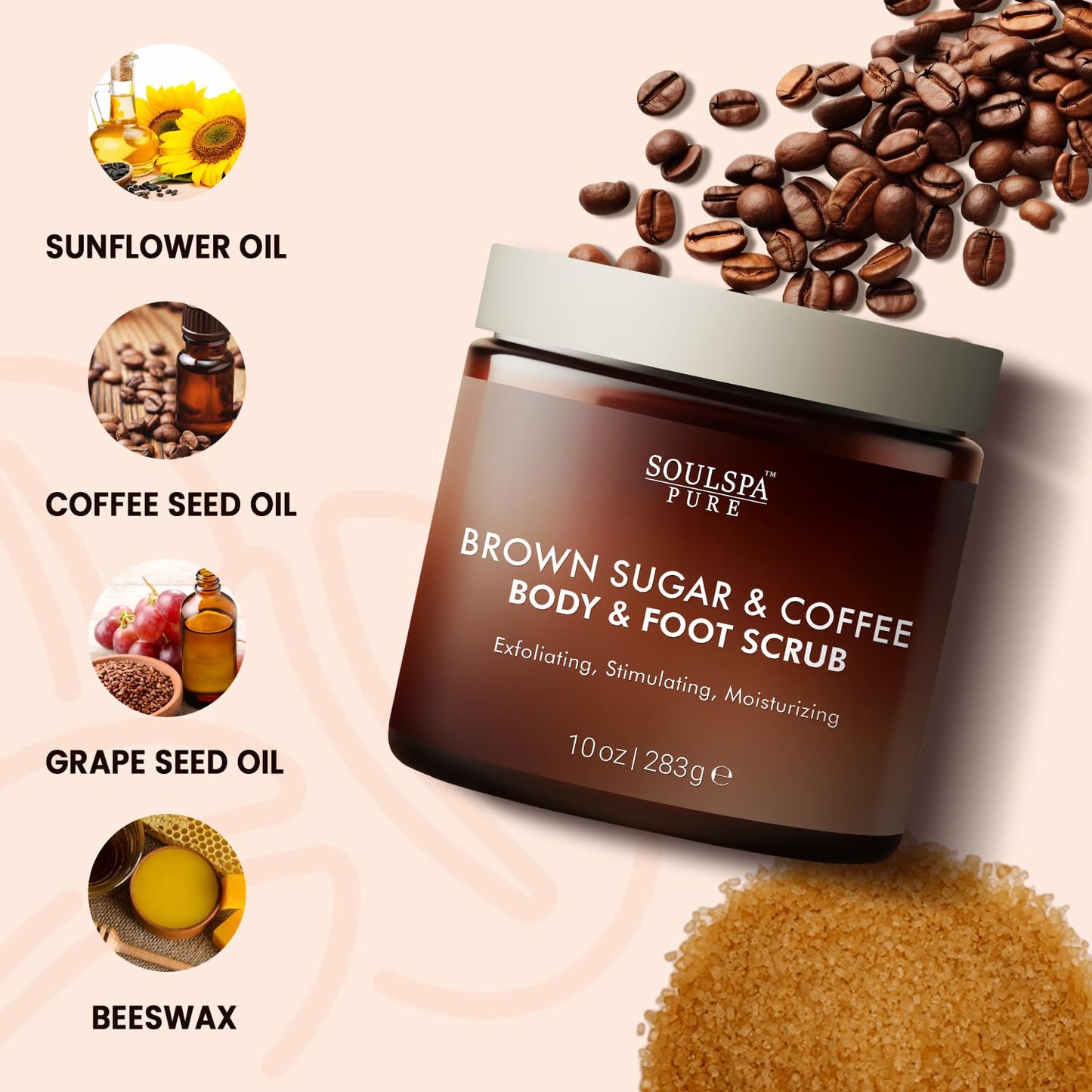 Brown Sugar & Coffee Body Scrub - Moisturizing, Energizing Exfoliator for All Skin Types, Hydrating Spa Treatment, 10 oz