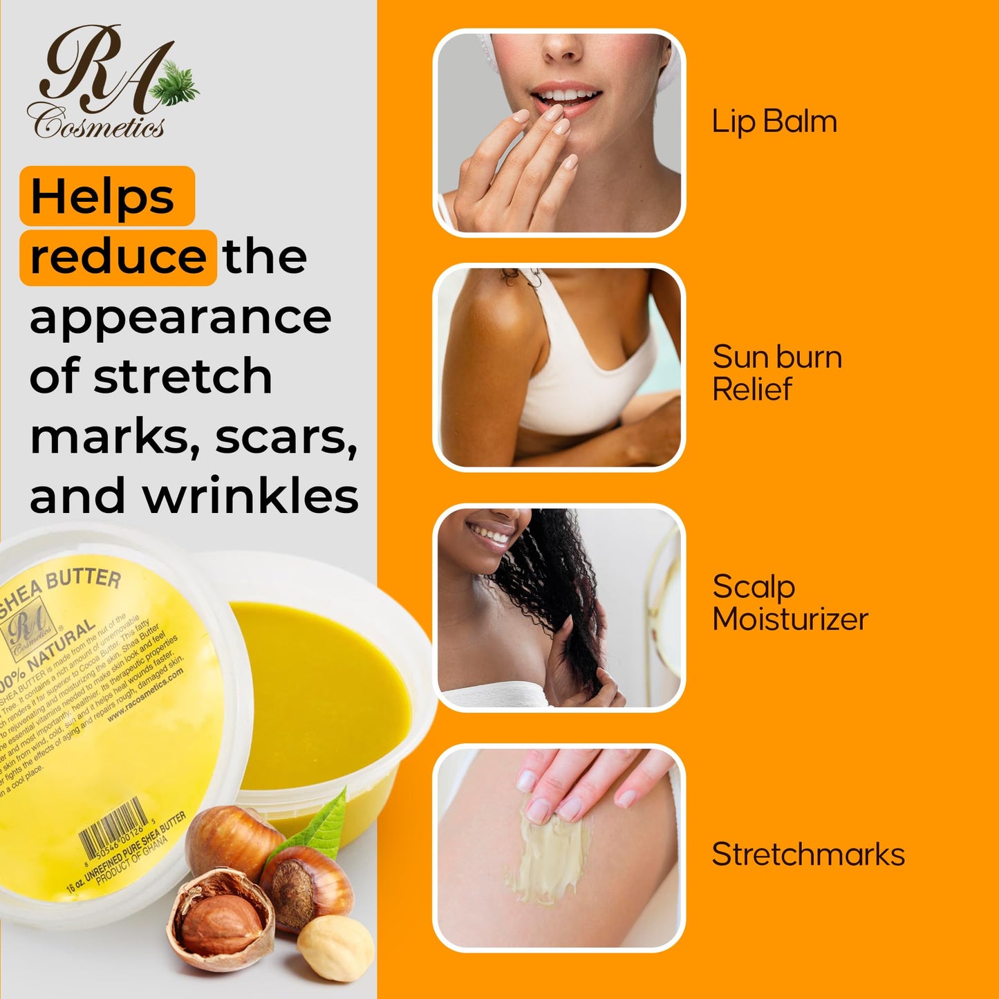 RA Cosmetics 100% Pure Golden African Shea Butter - Unrefined, Raw, Head-to-Toe Moisturizer for Skin & Hair, 16oz, Sourced Ghana