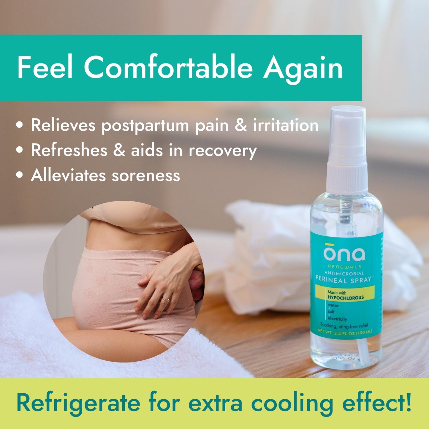 Ona Renewals Hypochlorous Acid Perineal Spray, Postpartum Care, Antimicrobial, Soothing Anti-Itch Cleanser, 3.4 fl oz