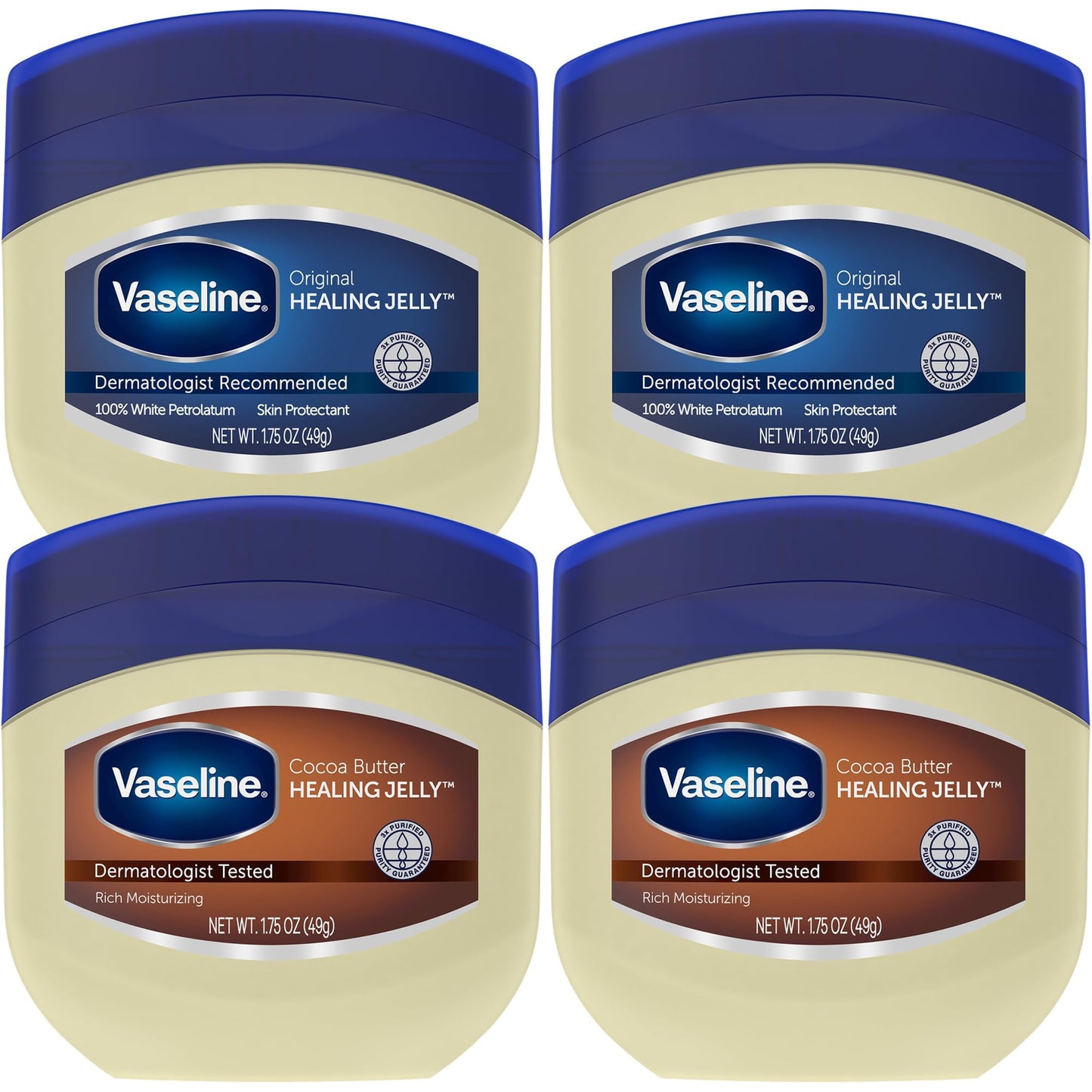Vaseline Original & Cocoa Butter Healing Jelly 4-Pack – Travel Size 1.75oz Each, Rich Moisturizing Ointment for Dry, Cracked Skin Protection