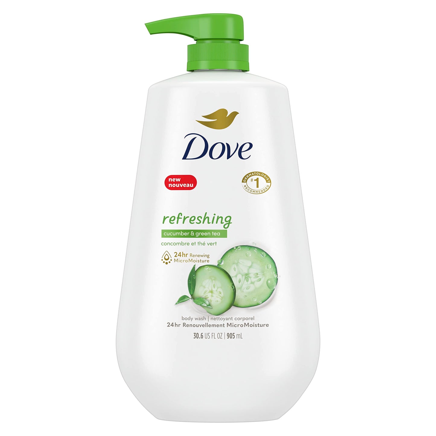 Dove Body Wash with Pump Refresh Cucumber and Green Tea for 24hr Lotion-Soft Skin Moisturizing Skin Cleanser with No Sulfates No Parabens 30.6 oz