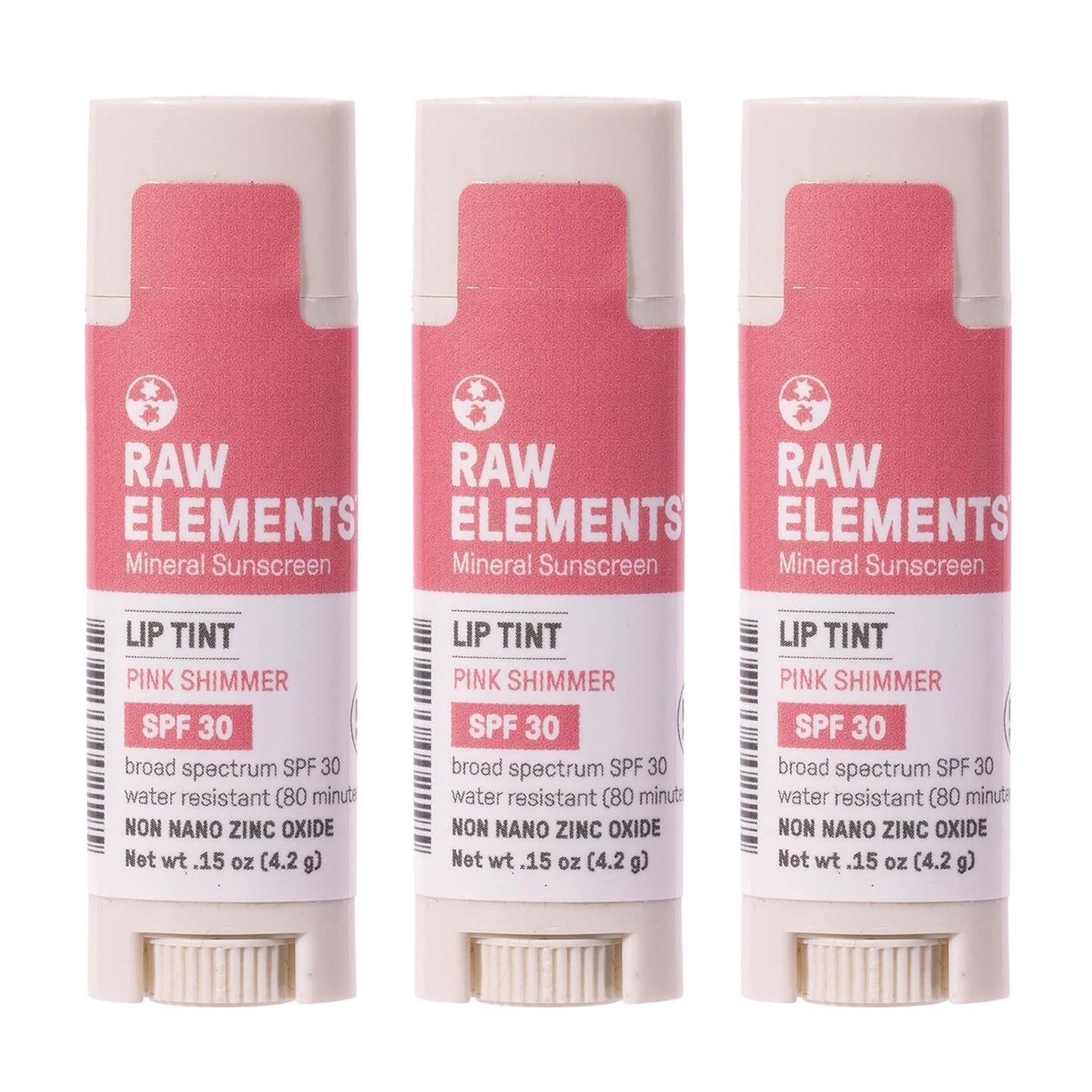 Raw Elements Organic Pink Lip Shimmer Zinc Oxide SPF 30+, 0.15 oz (Pack of 3)