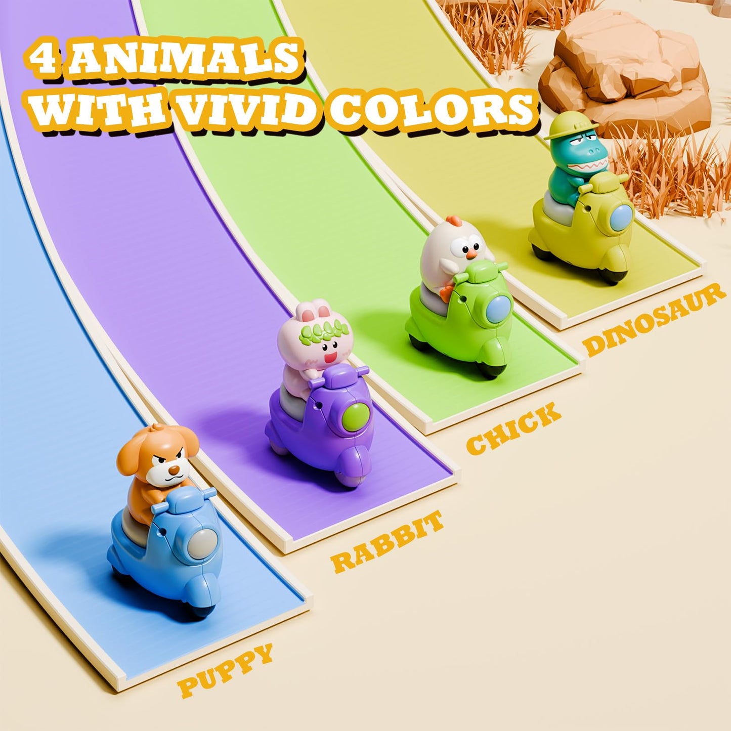 Hydrathy 4-Pack Press & Go Animal Cars for Toddlers 1-3, Dinosaur Push Toys for Boys & Girls, Safe Baby Vehicles for Birthday & Christmas