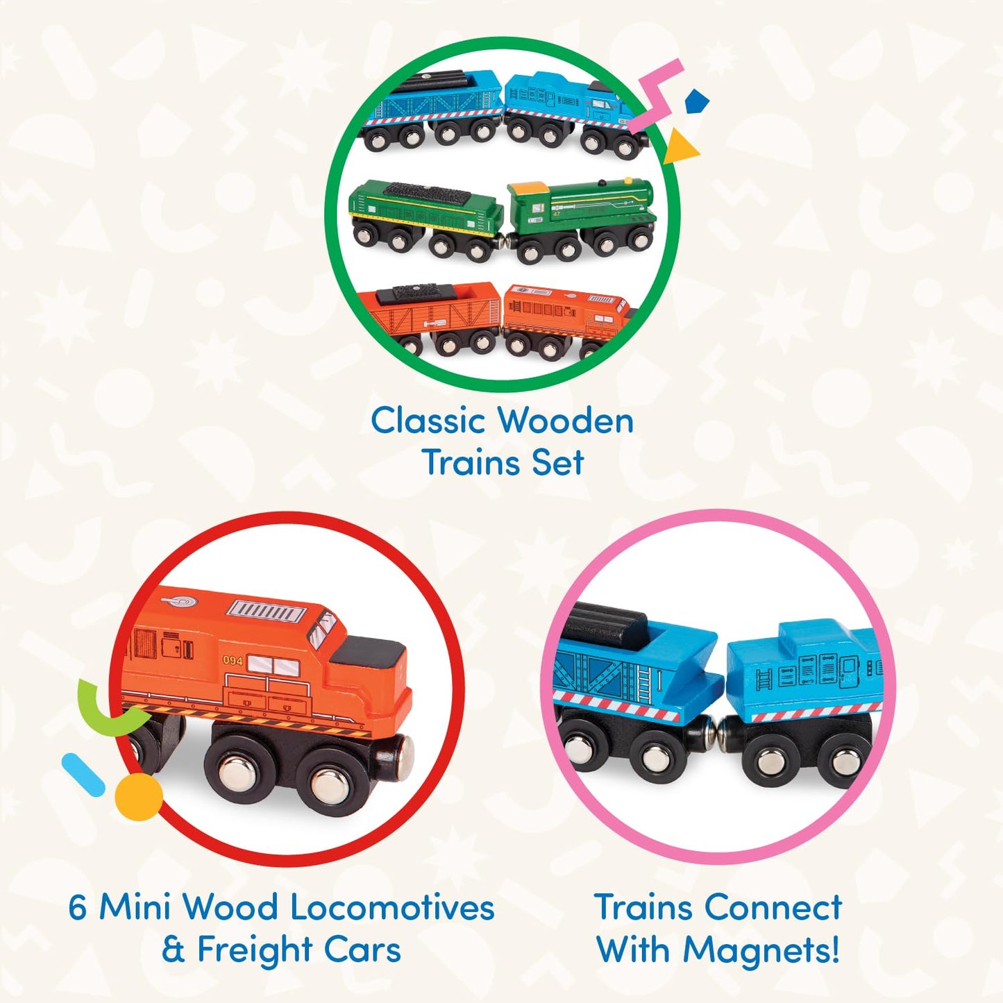 Battat – Classic Trains – 6 Pieces Wooden Railroad Set – Magnetic Toy Trains – Train Engines & Cars – 3+ Years– Wooden Locomotives & Freight Cars