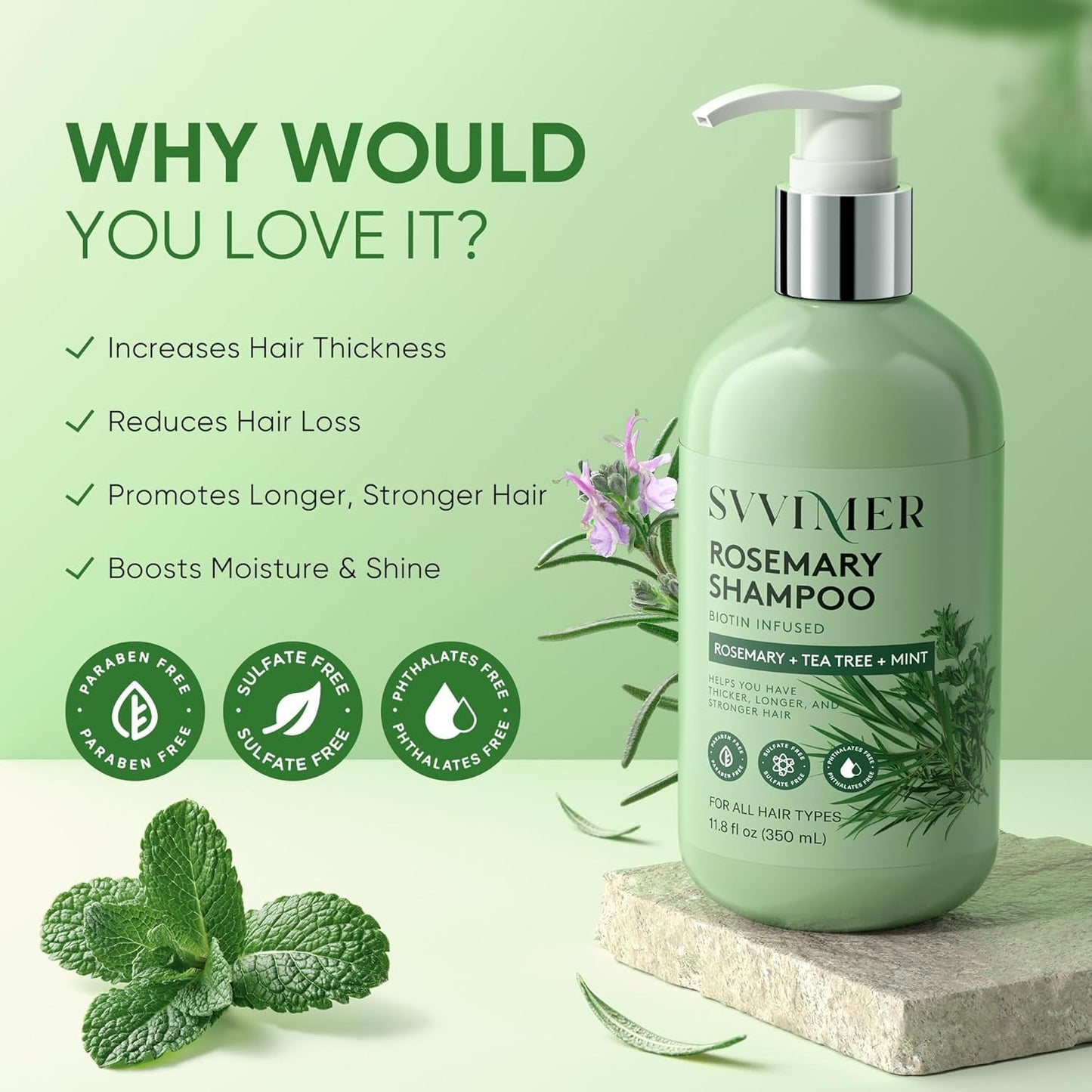 Svvimer Rosemary Hair Growth Shampoo with Biotin, Tea Tree Oil & Mint – Thickening Shampoo for Hair Loss & Thinning Hair – Men & Women, 11.8 Fl Oz