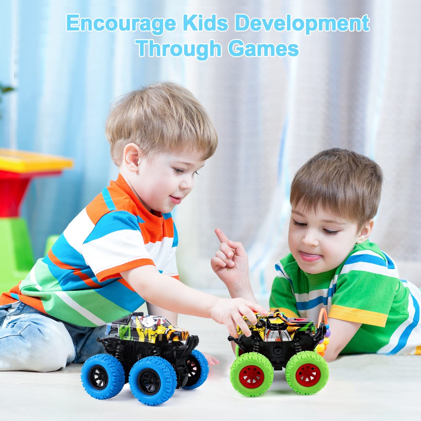 M SANMERSEN Monster Truck Toys for Toddlers 2-4, Friction Push & Go 360° Stunt Cars, 2-Pack Blue & Green Gift Set for Boys & Girls