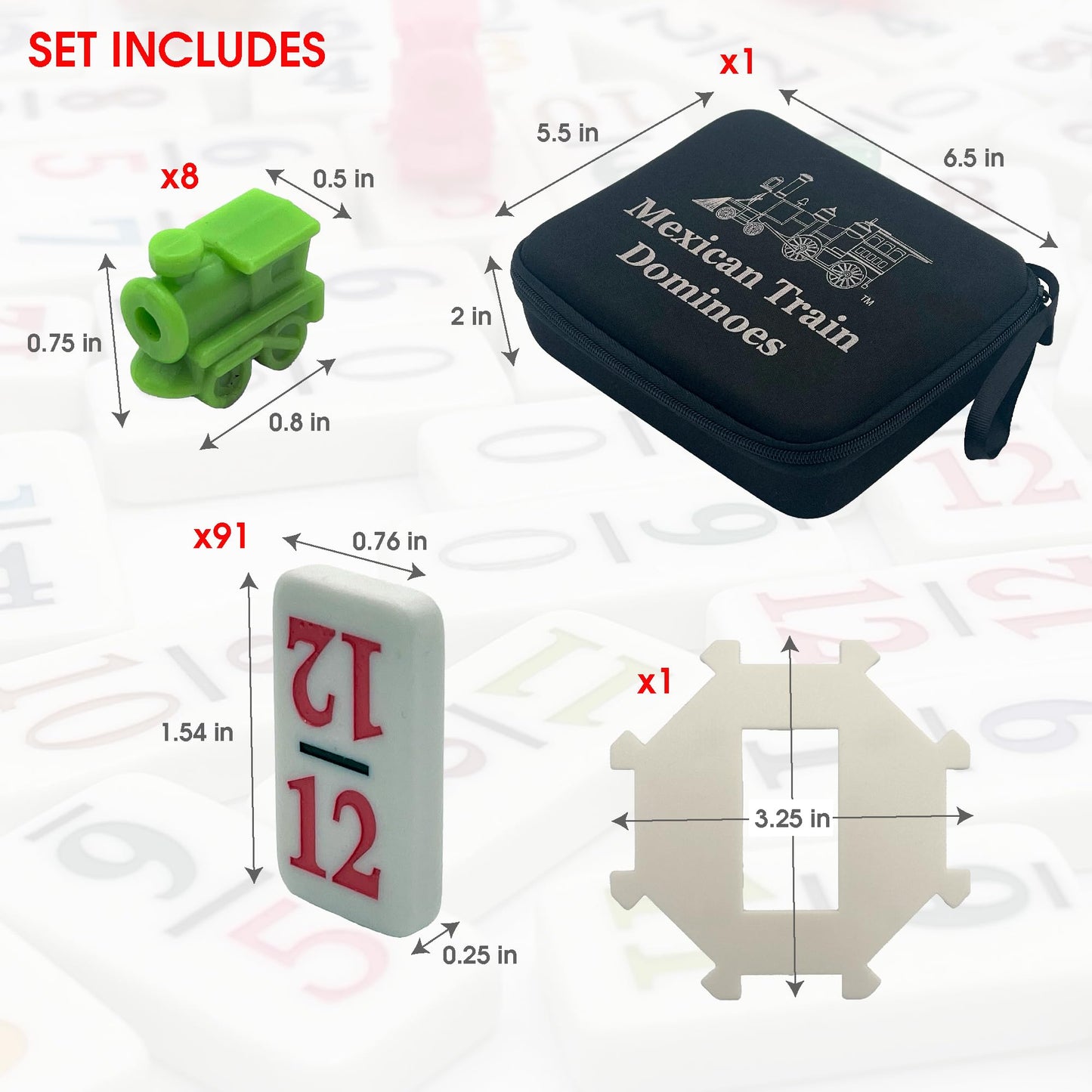 CHH Double 12 Mexican Train Number Dominoes – Travel Size with Zip Up Case, Hub & 8 Domino Trains – 91 Fun Size Numbered Dominoes