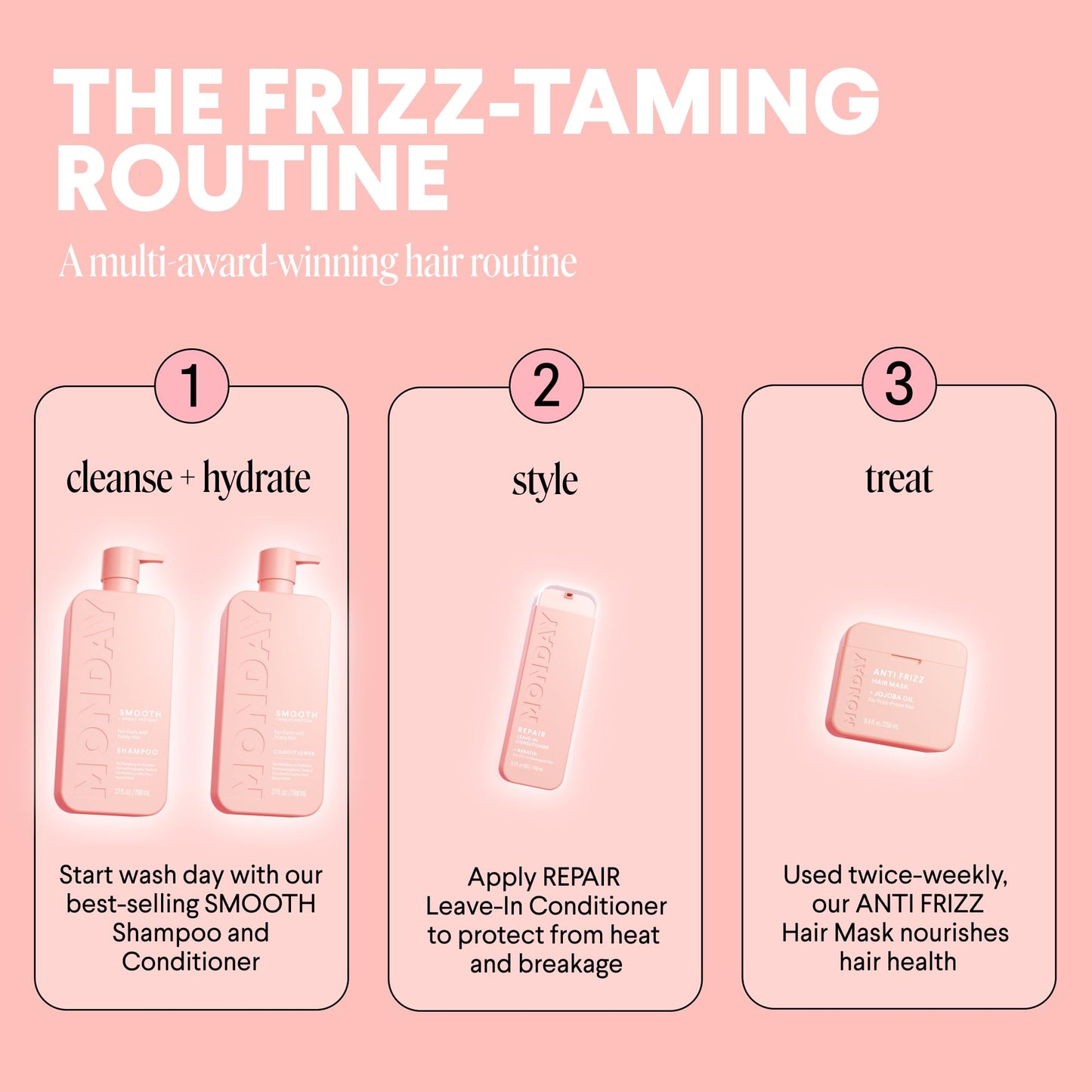 MONDAY HAIRCARE Smooth Shampoo & Conditioner Set, 27 oz Each – For Frizzy, Coarse & Curly Hair with Coconut Oil, Shea Butter & Vitamin E, Pink