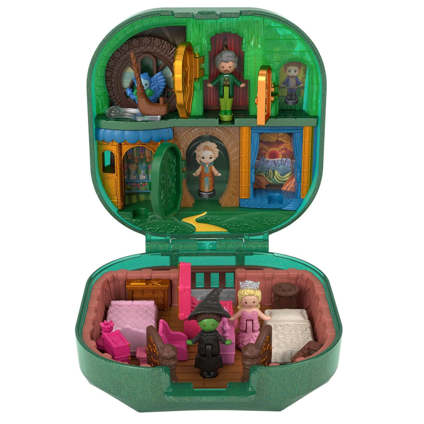 Polly Pocket Wicked x Collector Compact, Micro Dolls and Playset, 2 Themed Accessories, Iconic Shiz & Oz Locations, Glinda, Elphaba, & The Wizard