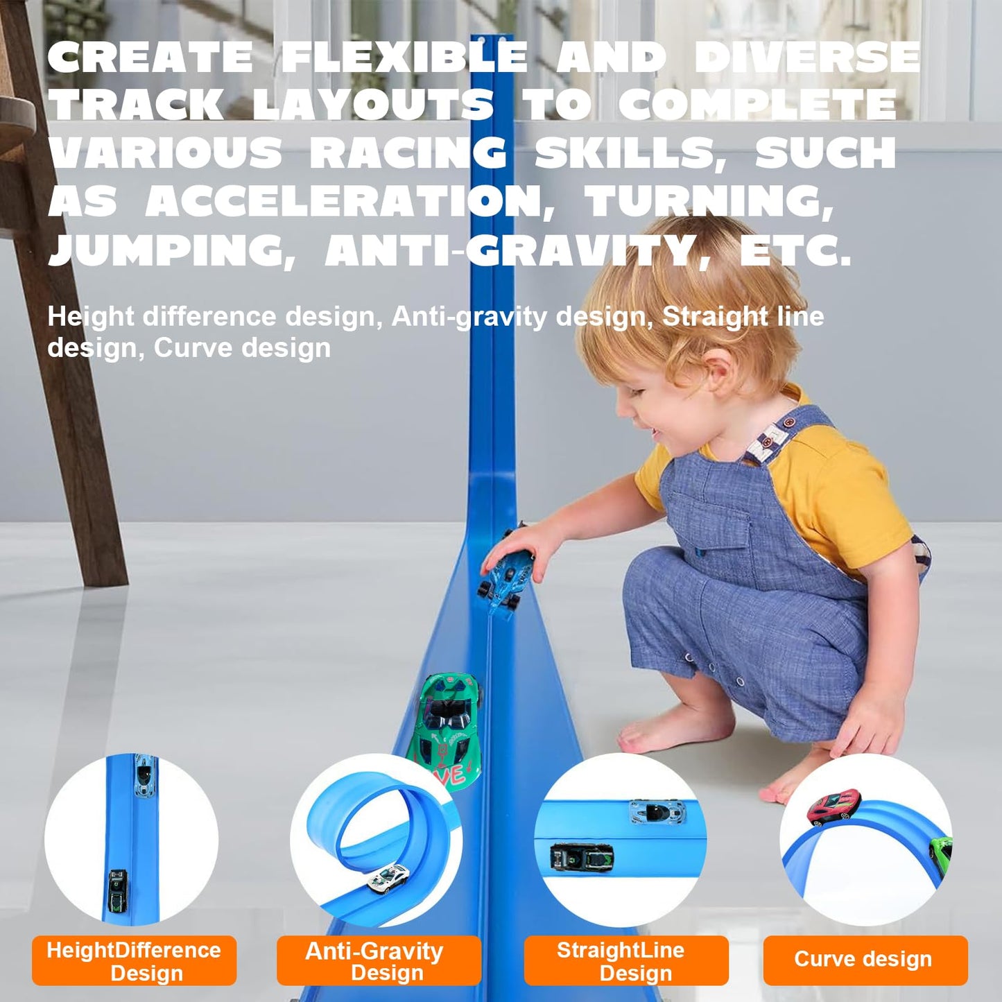 15ft Flexible Race Car Track Set for Kids with 4 Alloy Cars, Portable Bag, 10 Suction Cups, Compatible with 1:64 Scale Diecast Vehicles