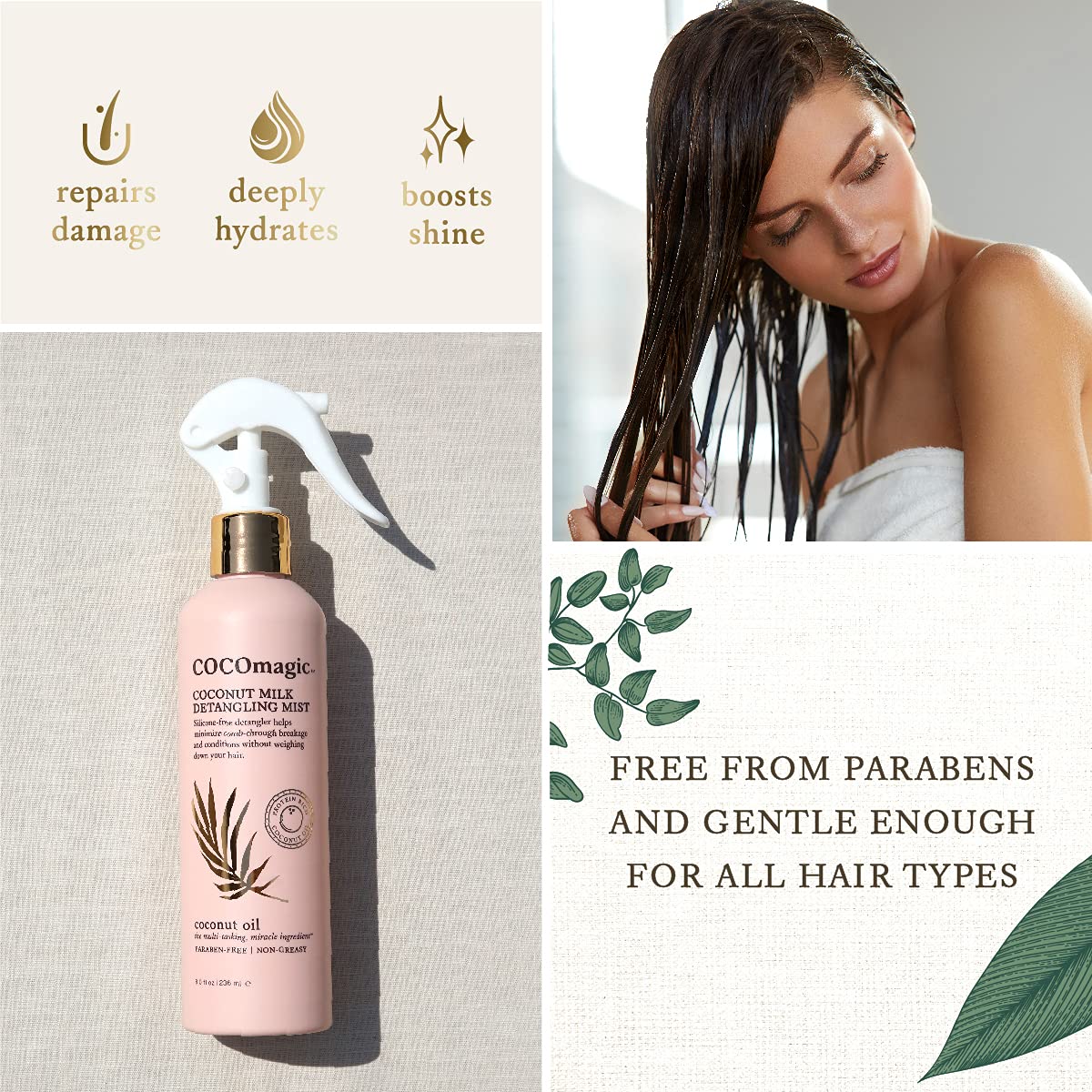 Cocomagic Coconut Milk Detangling Mist – Extra Moisturizing Leave-In Spray to Restore Shine & Smoothness | Non-Greasy, Paraben-Free, Cruelty-Free, 8 oz