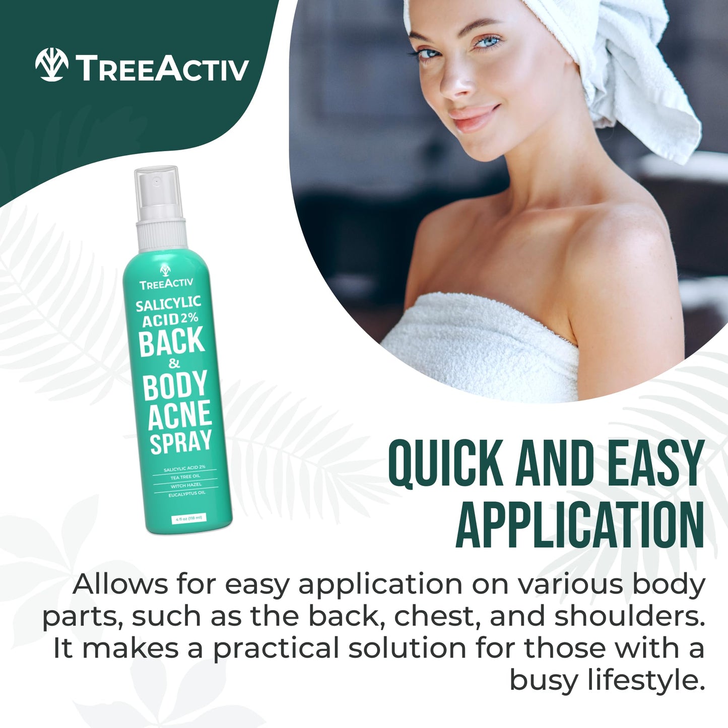 TreeActiv Body Acne Spray 4 fl oz – 2% Salicylic Acid with Tea Tree & Aloe Vera, Back & Body Acne Treatment, Butt Acne Clearing, 1000+ Uses